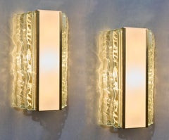 Max Ingrand for Fontana Arte: Pair of Cut Crystal and Brass Sconces, Italy 1954