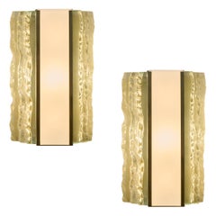 Max Ingrand for Fontana Arte: Pair of Cut Crystal and Brass Sconces, Italy 1954