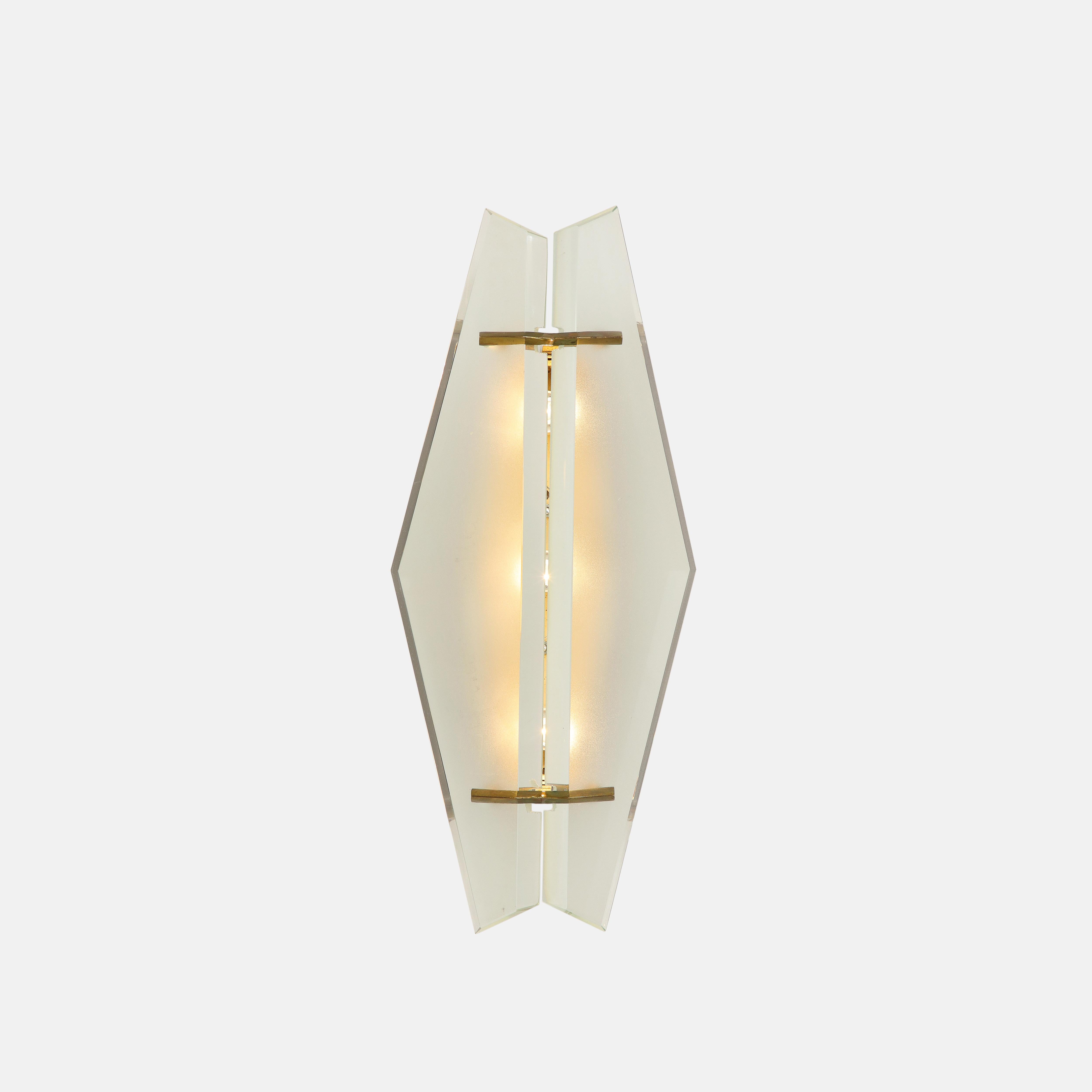 Max Ingrand for Fontana Arte original exquisite pair of modernist sconces model 1943 with two thick triangular beveled satin or acid-etched crystal plates held together at an angle with brass mounts on black enameled metal structure. The thick-cut