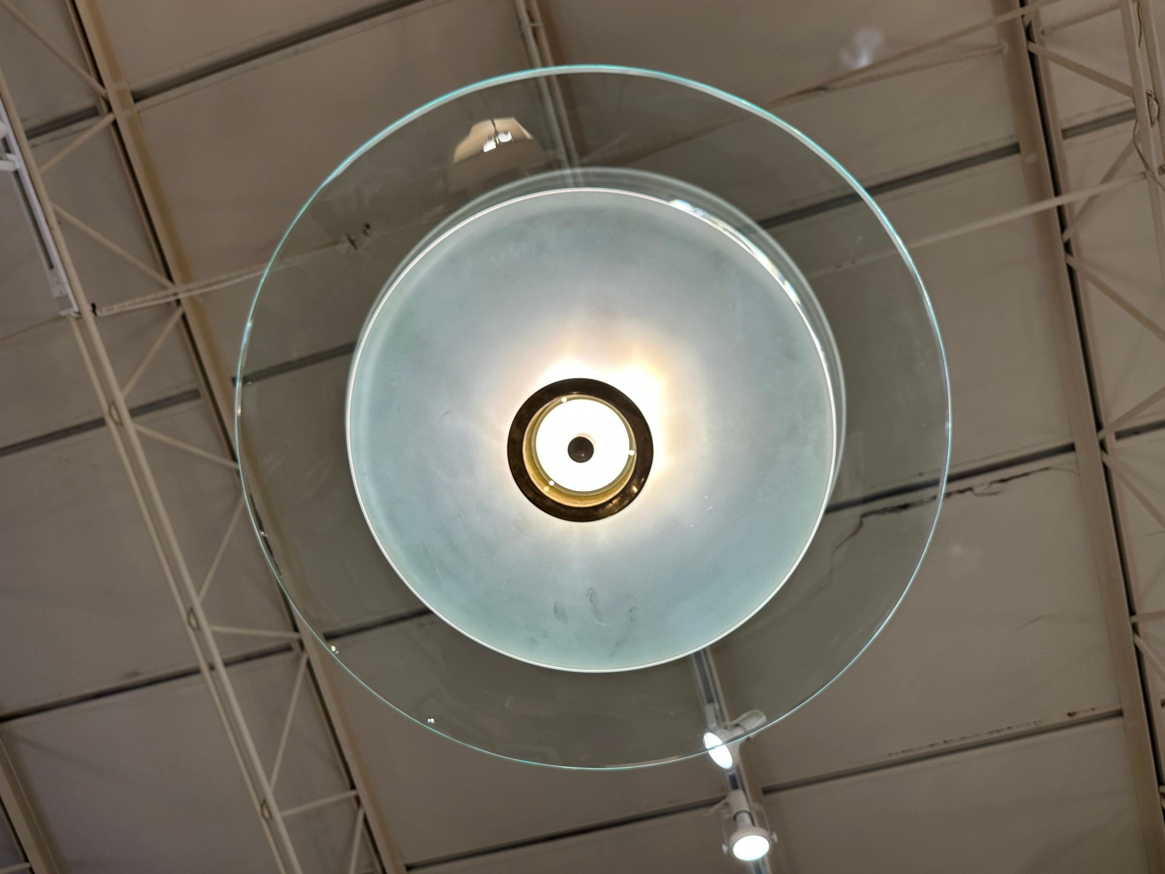 This large 35 inch diameter glass ceiling mounted chandelier # 1508 by Max Ingrand for Fontana Arte is very RARE and ALL original vintage. Wonderful patina to brass ring diffuser - lower bowl is frosted and the top dome is clear glass in the