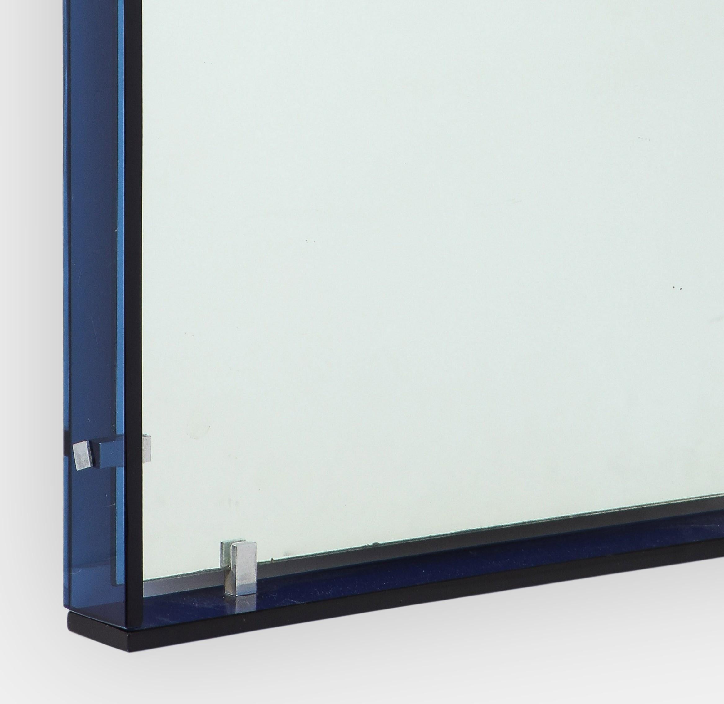 Chrome Max Ingrand for Fontana Arte Modernist Rectangular Blue Mirror Model 2014 For Sale