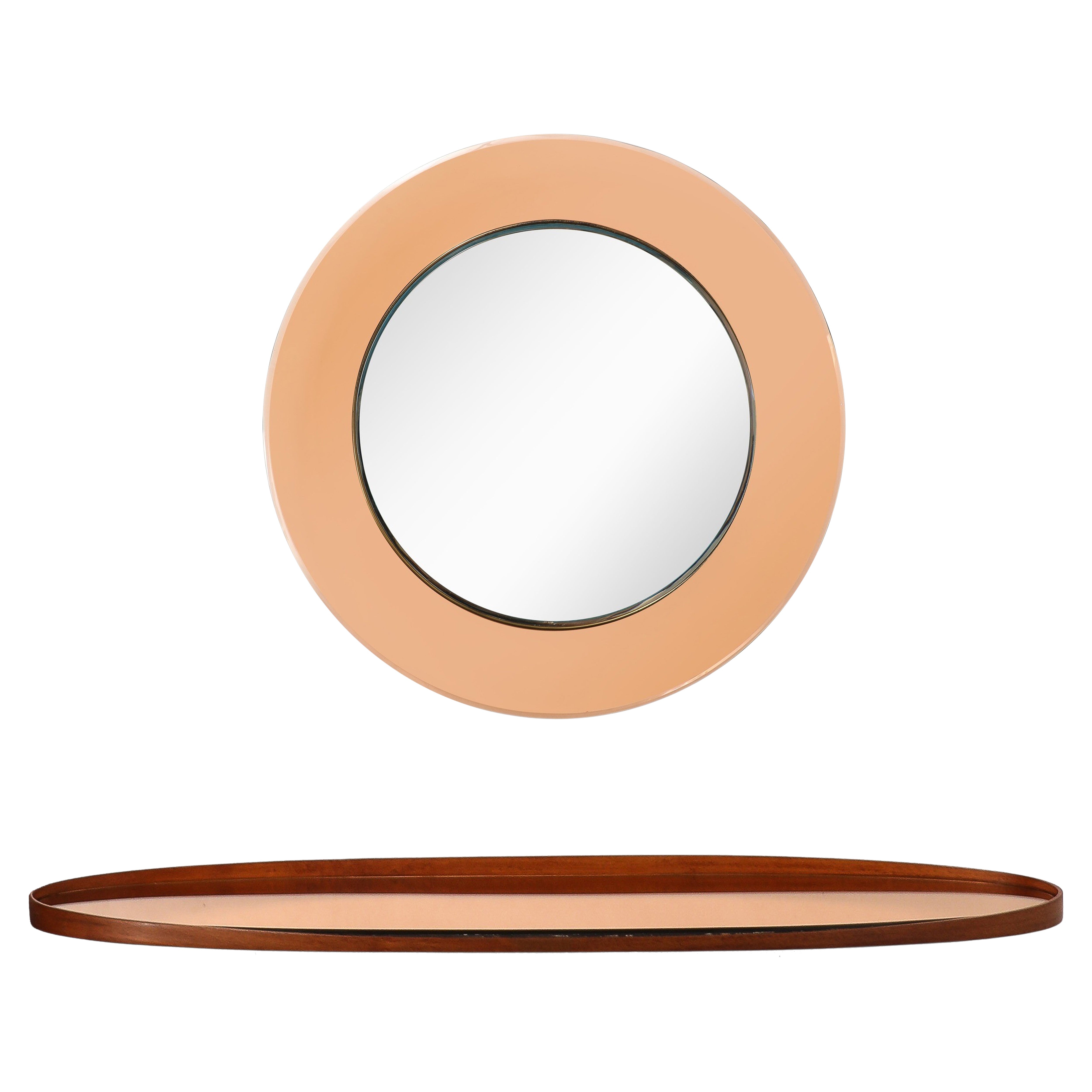 Max Ingrand for Fontana Arte Round Rose Glass Mirror Model 1669 & Wall Console For Sale