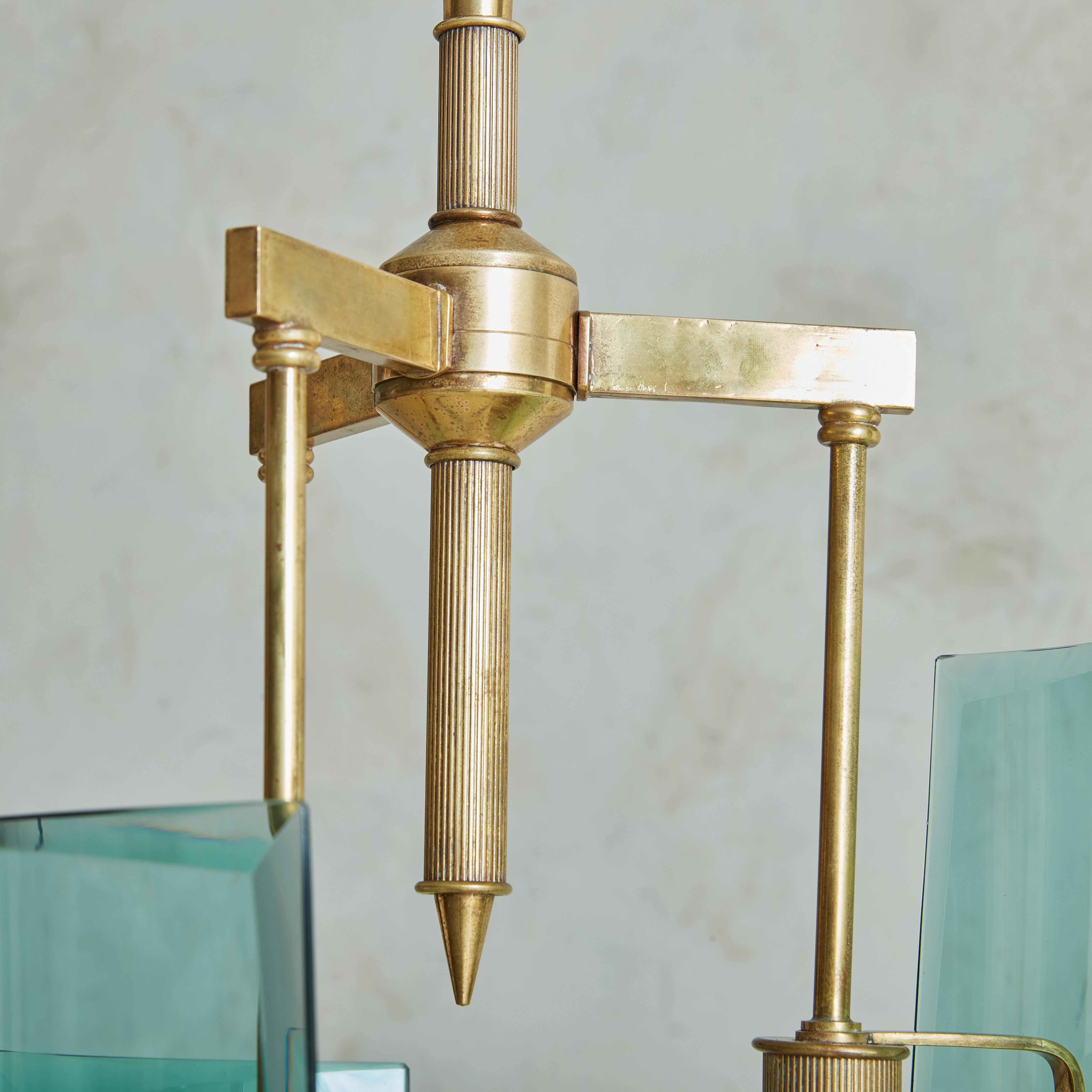 Italian Max Ingrand For Fontana Arte Style Pendant in Brass and Light Blue Tinted Glass For Sale