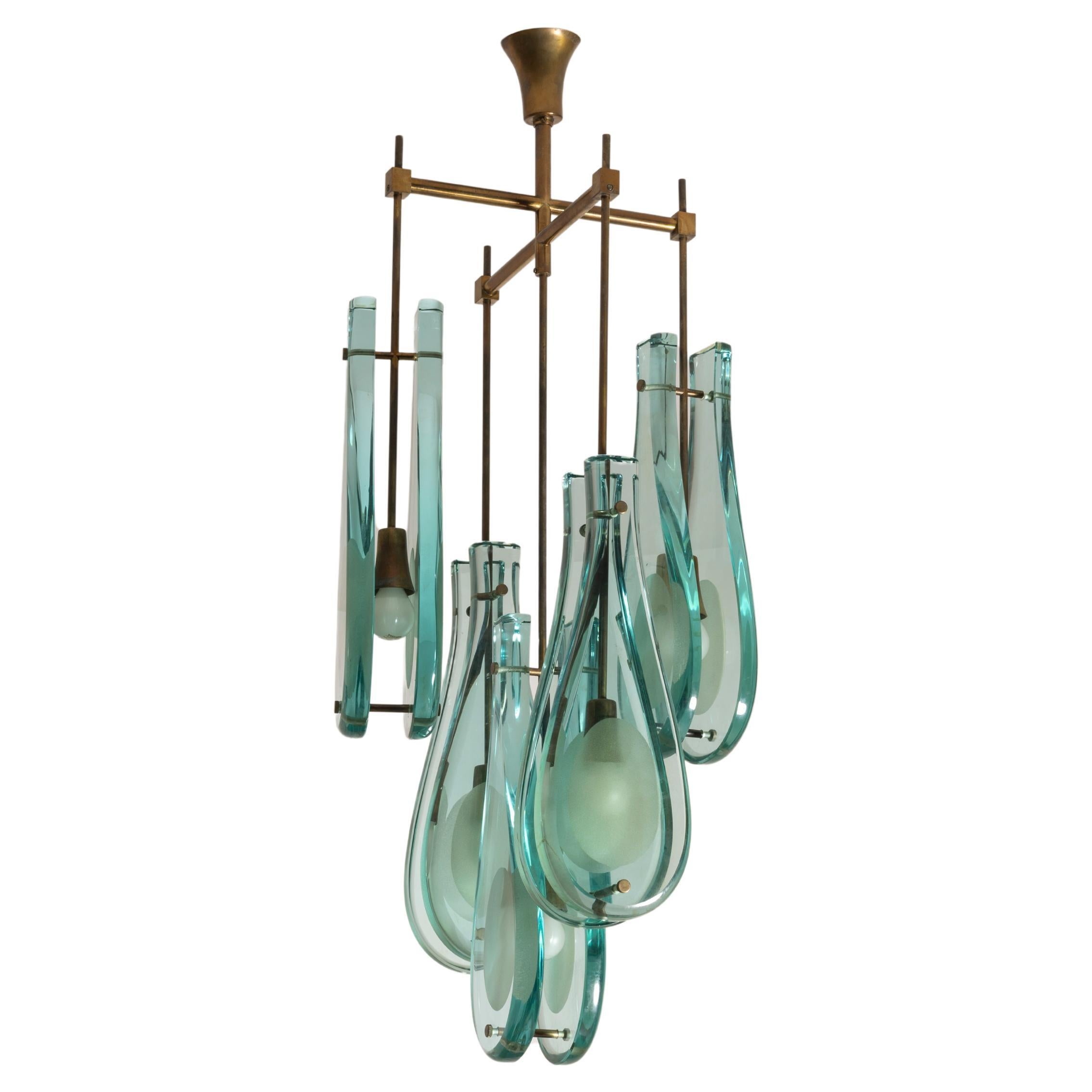 Max Ingrand model 2338 glass and brass chandelier by Fontana Arte, Italy, 1960s For Sale