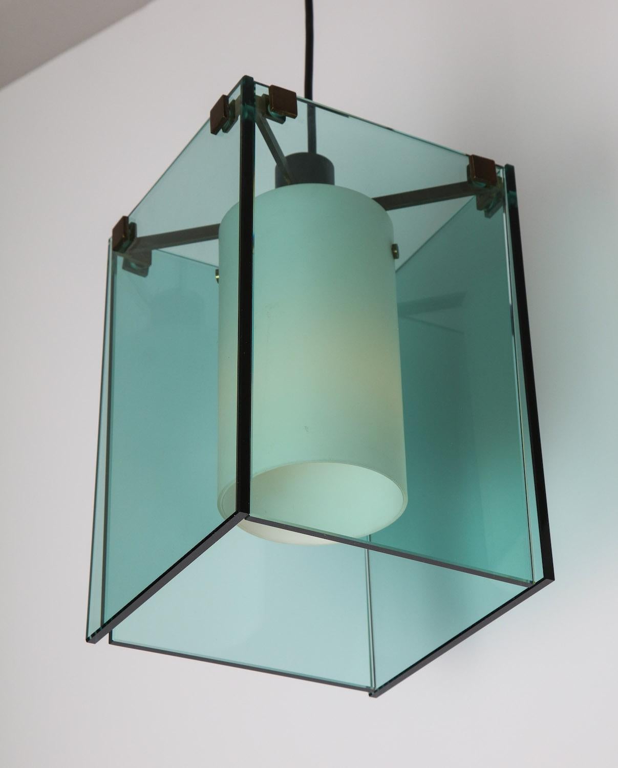 #2211 pendant by Max Ingrand for Fontana Arte. 4 x colored glass panels, frosted glass tube-shade, brass mounts. 1 x large Edison socket. Removable ceiling plate has been made to cover US j-box. Overall drop can be easily adjusted. H. 13” W. 8.25”
