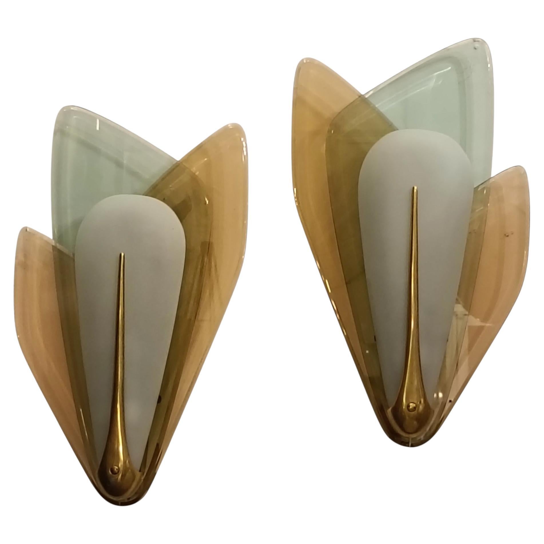 Max Ingrand para Fontana Arte Coppia di Lampade da Parete in Ottone e Vetro