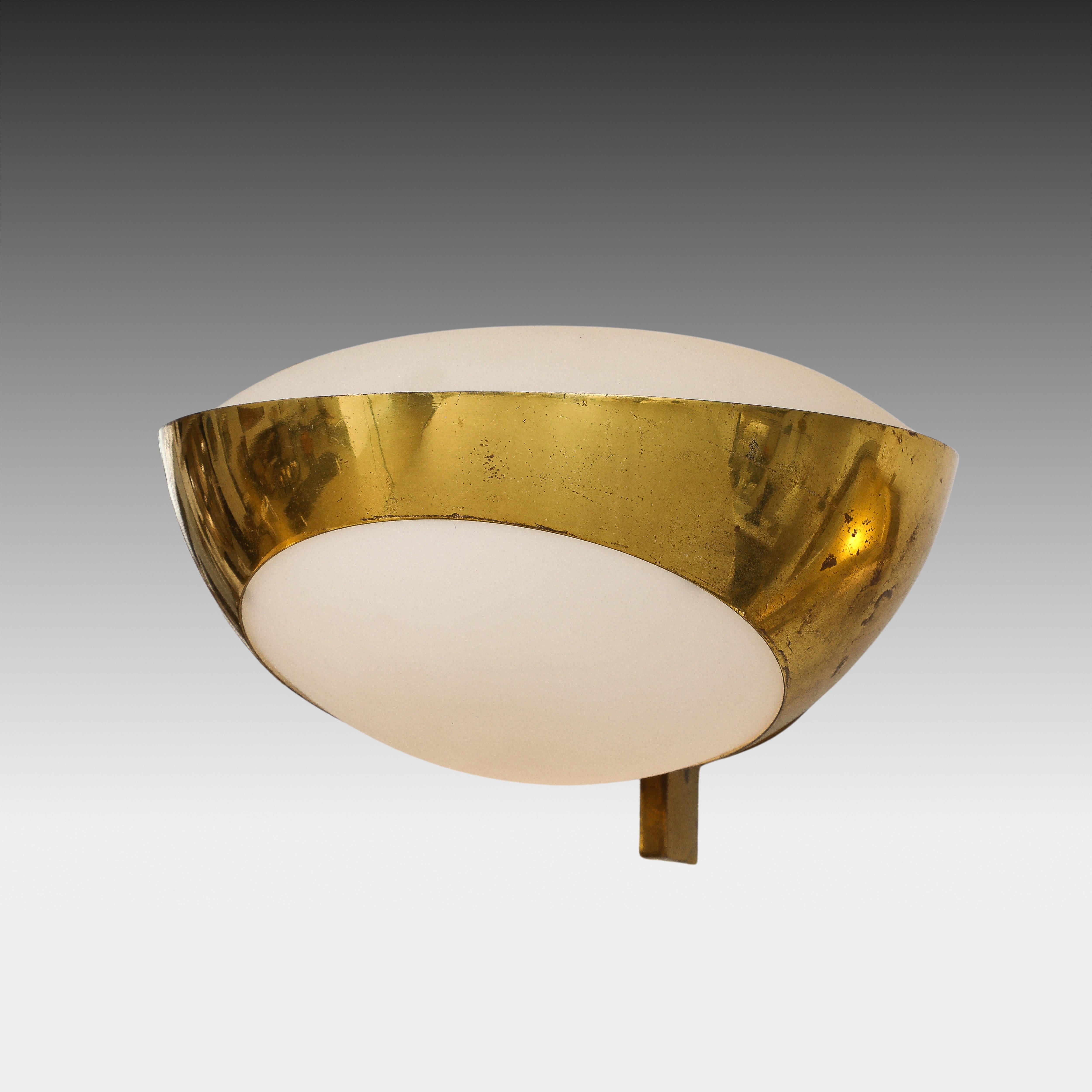 Max Ingrand Rare Pair of Large Brass and Frosted Glass Sconces Model 1963 In Good Condition For Sale In New York, NY