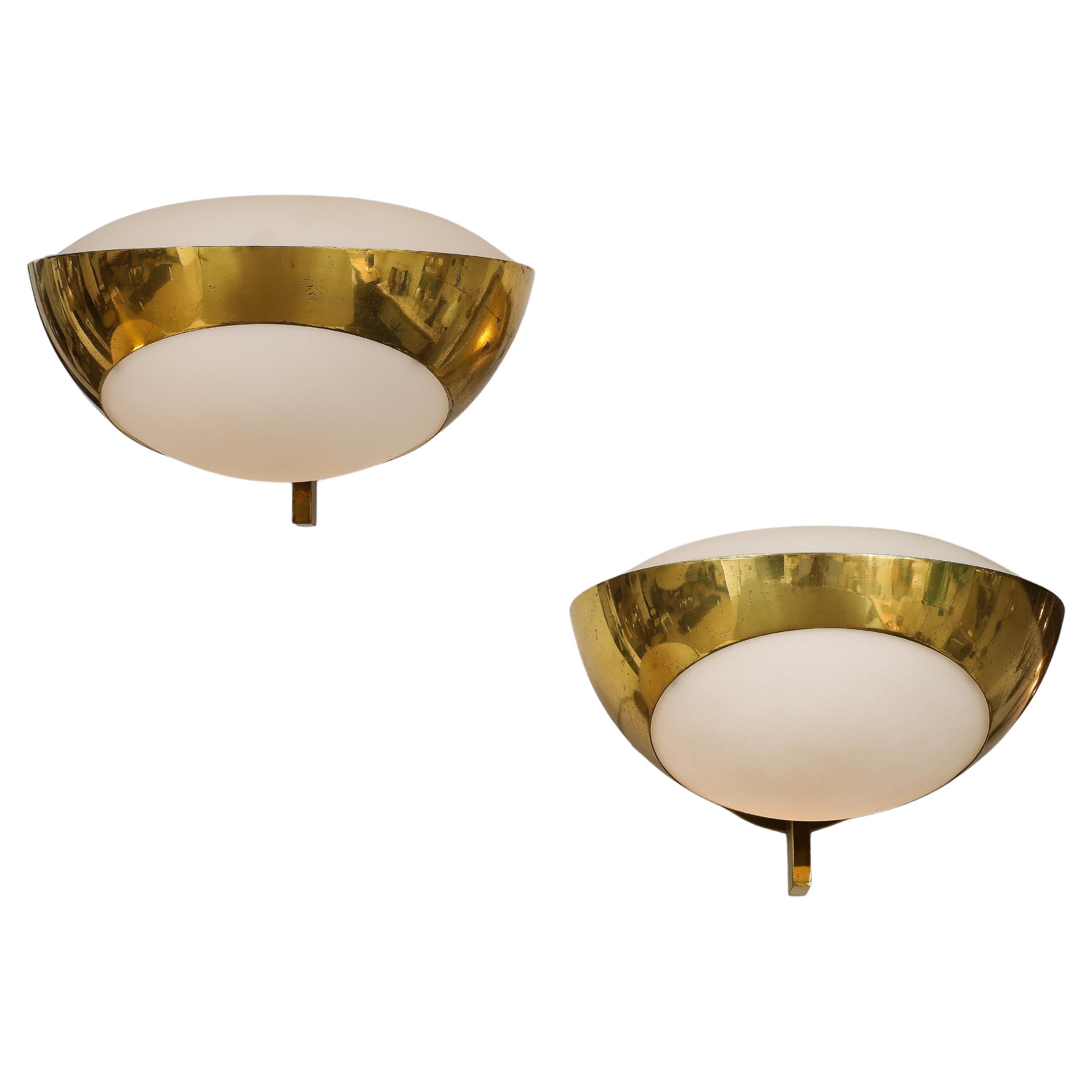 Max Ingrand Rare Pair of Large Brass and Frosted Glass Sconces Model 1963