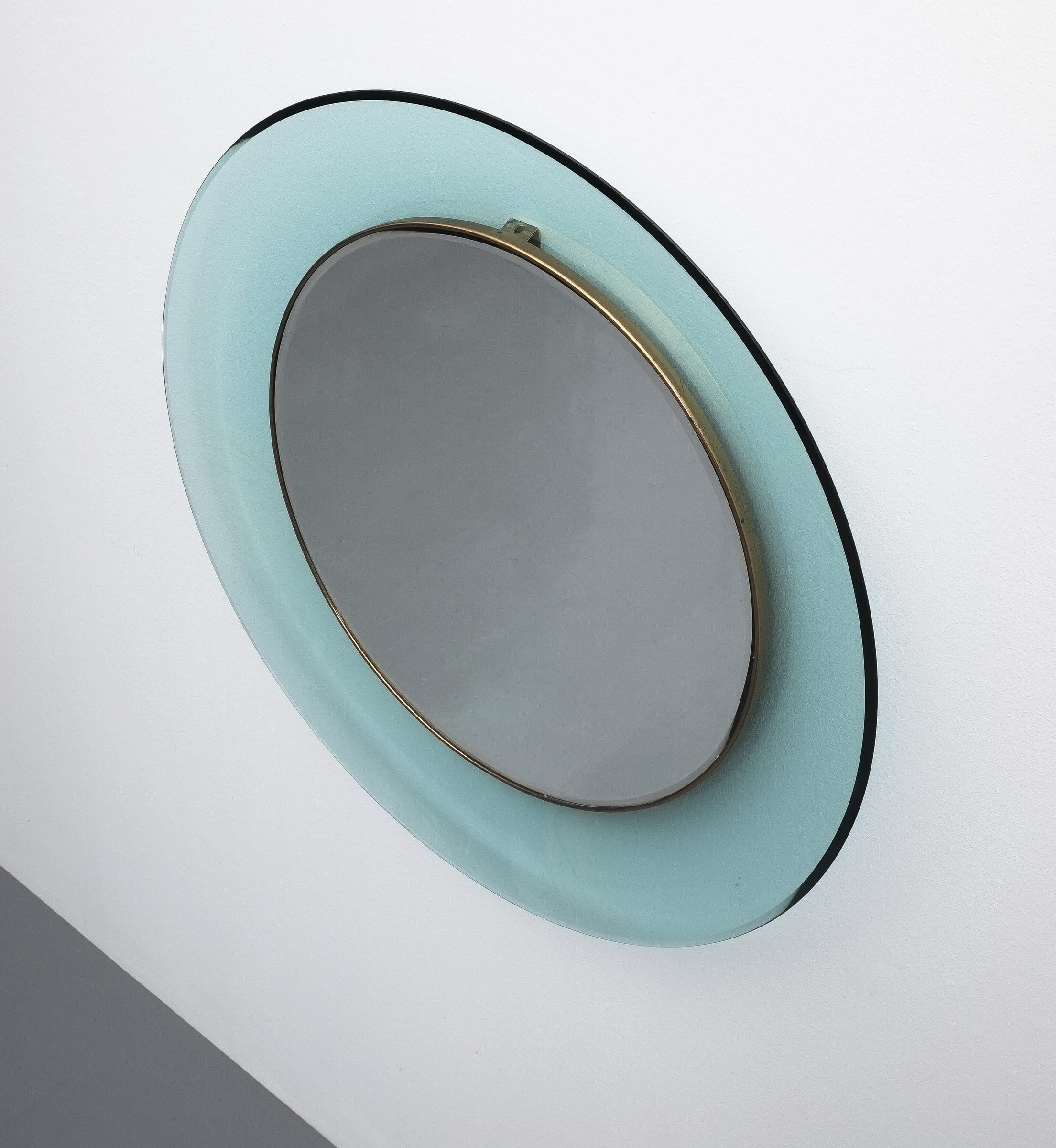 Brass Max Ingrand Round Blue Mirror Fontana Arte Model 1699