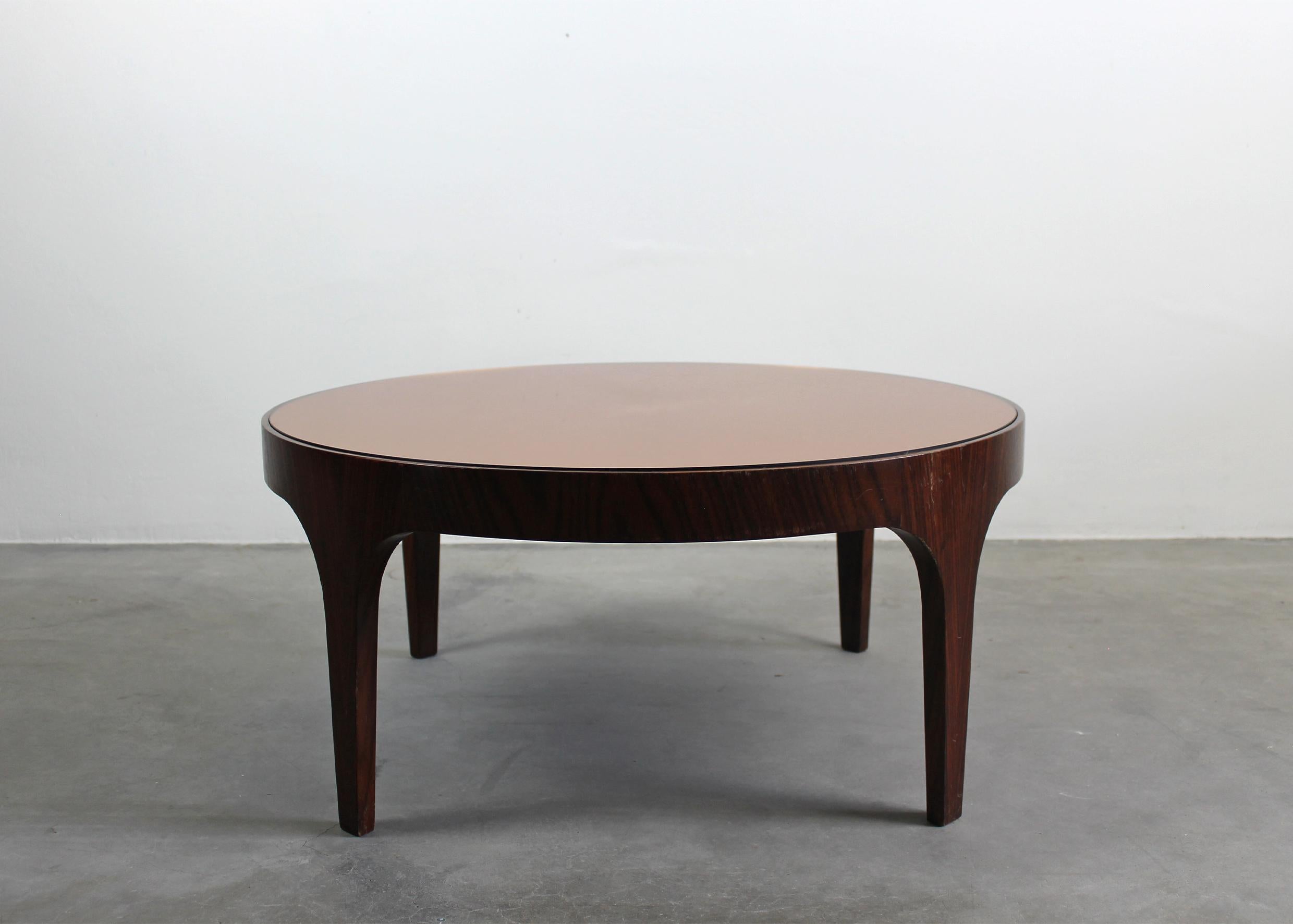 Mid-Century Modern Max Ingrand Round Low Table in Wood and Mirrored Crystal by Luigi Fontana 1960