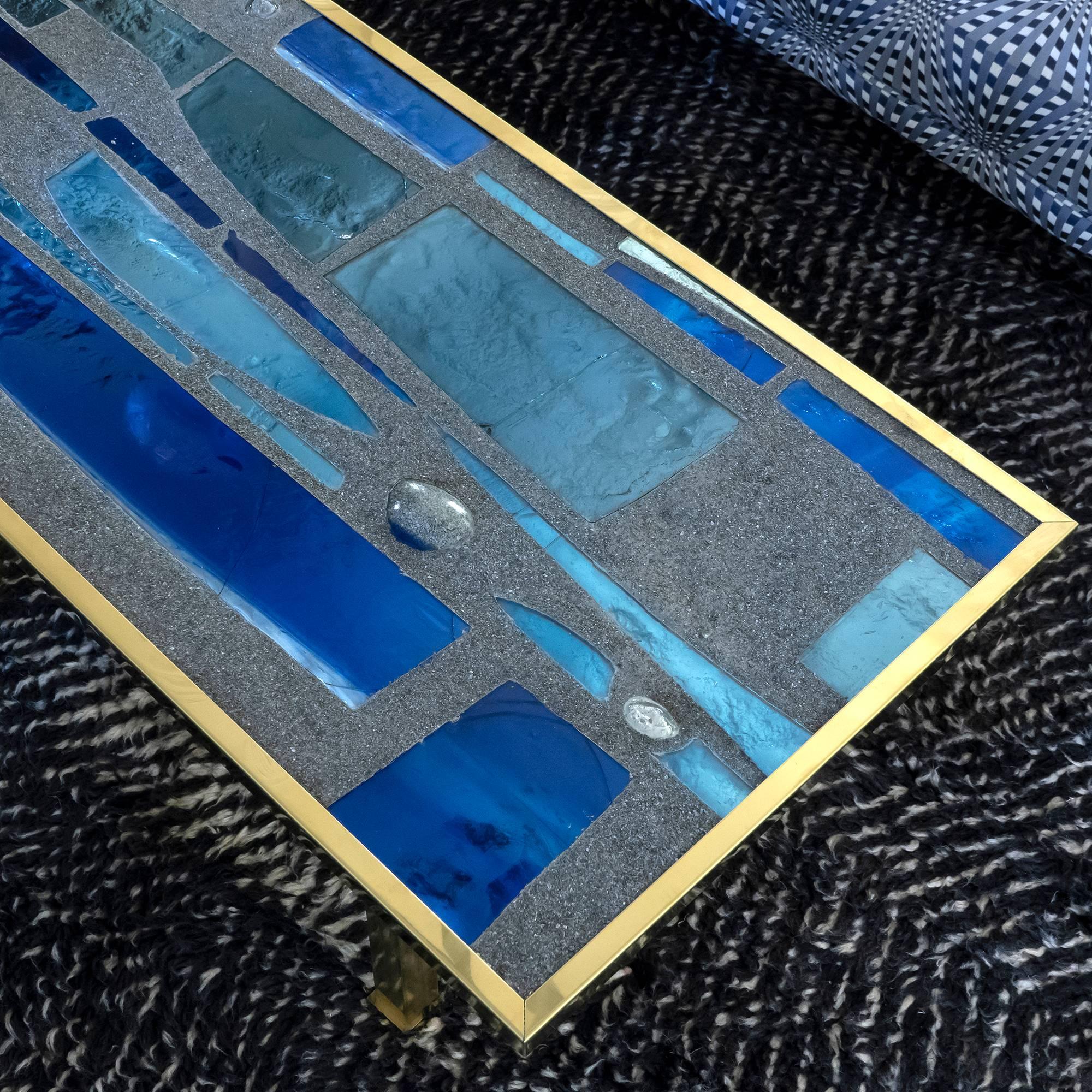 Max Ingrand Style Coffee Table, Blue Glasses, Cement, Brass, France, 1960s 4