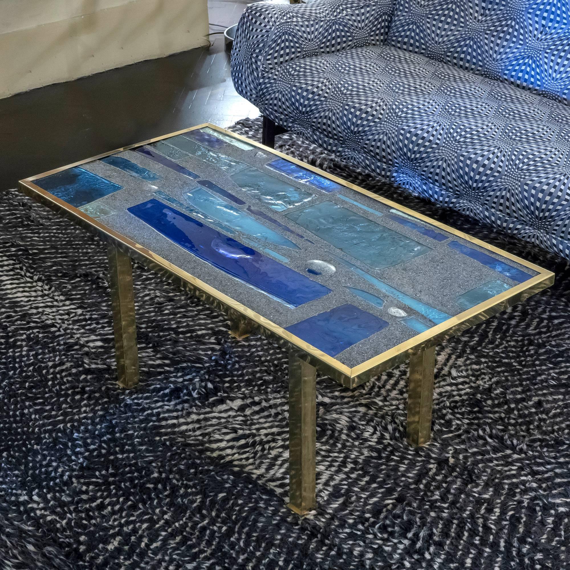 Mid-20th Century Max Ingrand Style Coffee Table, Blue Glasses, Cement, Brass, France, 1960s