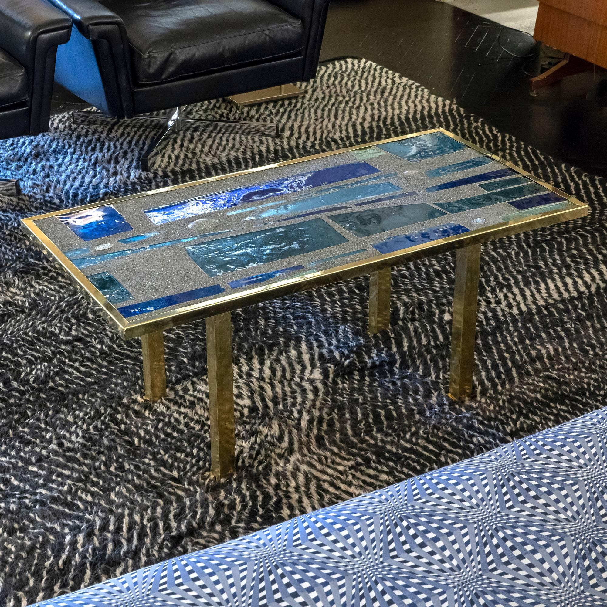 Max Ingrand Style Coffee Table, Blue Glasses, Cement, Brass, France, 1960s 2