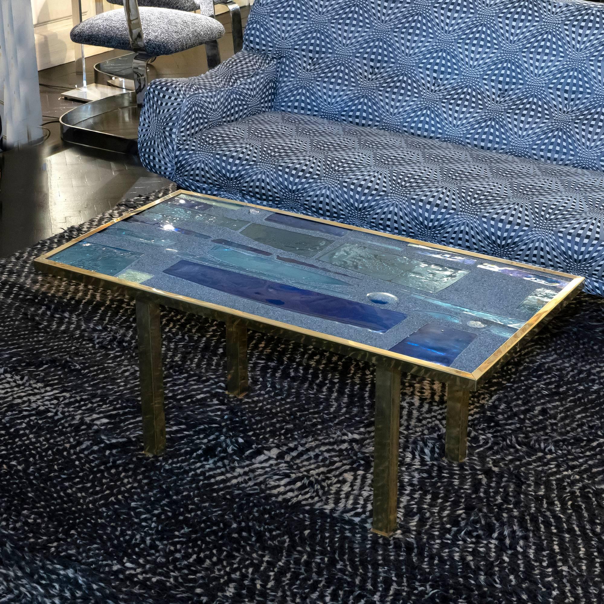 Max Ingrand Style Coffee Table, Blue Glasses, Cement, Brass, France, 1960s 3