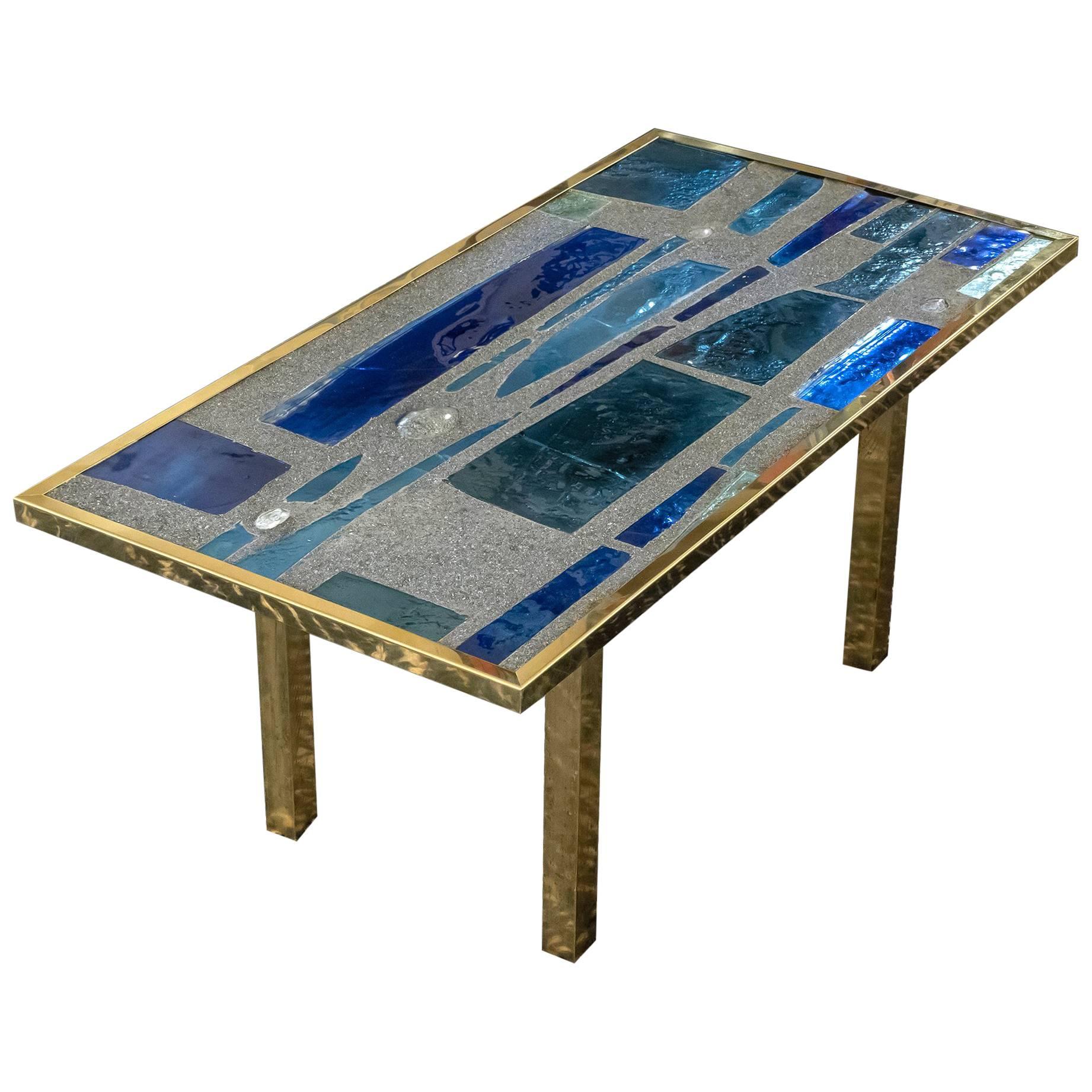 Max Ingrand Style Coffee Table, Blue Glasses, Cement, Brass, France, 1960s