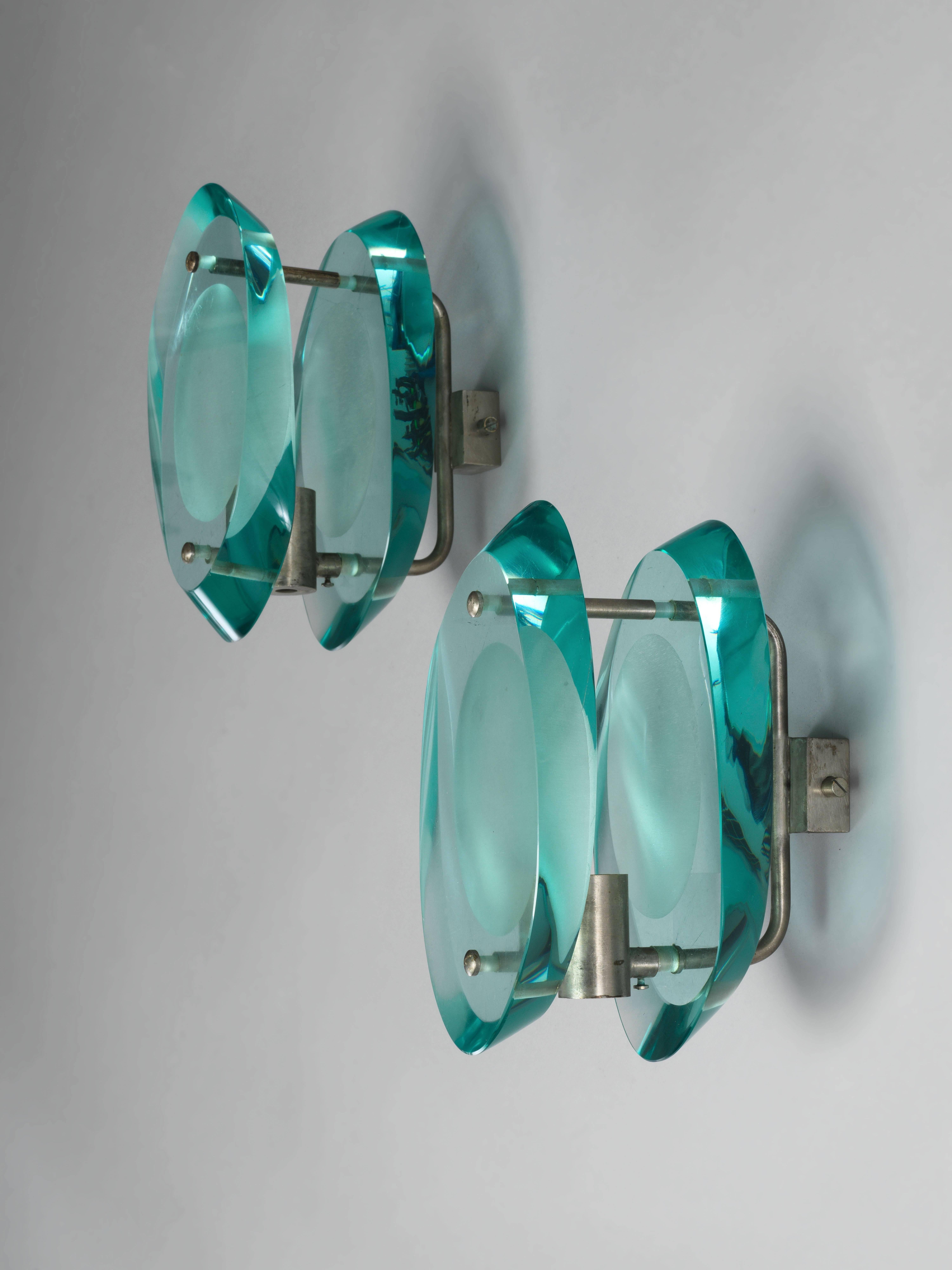 Mid-Century Modern Max Ingrand, Wall Lamps / Sconces Nickel-Plated Brass, Blue Crystal Glass, 1950s