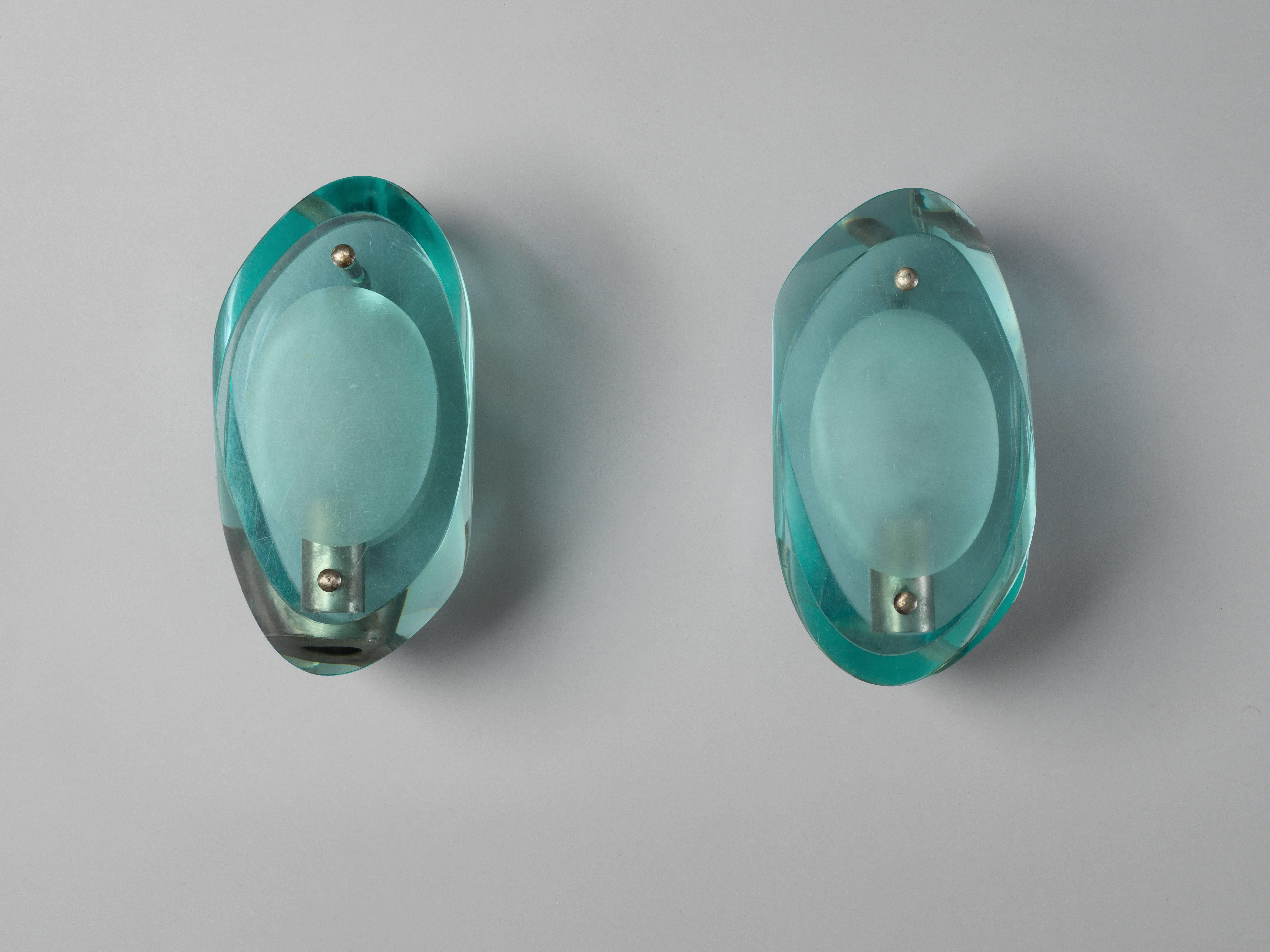 Italian Max Ingrand, Wall Lamps / Sconces Nickel-Plated Brass, Blue Crystal Glass, 1950s