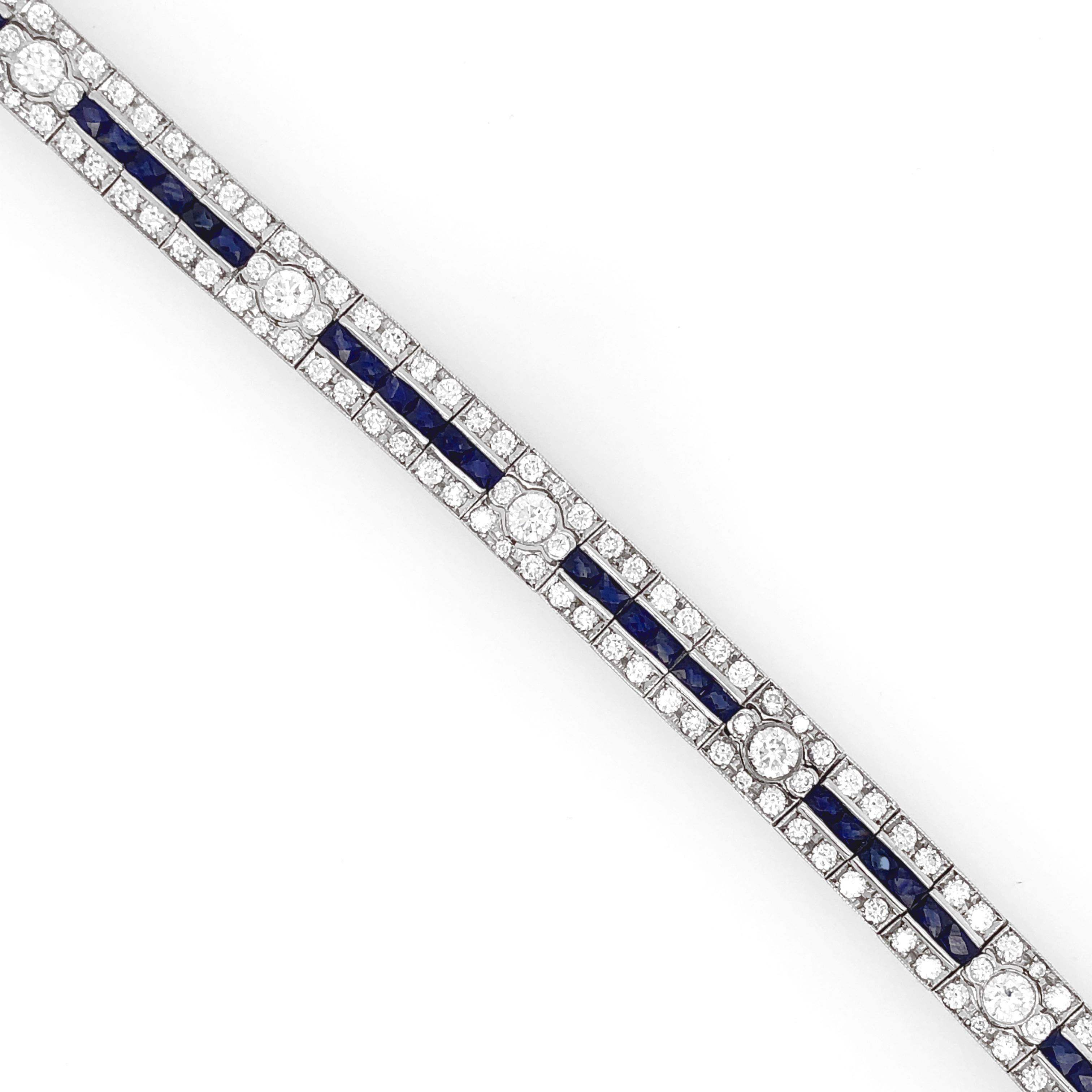 Contemporary Ceylon French Cut Sapphires 6.14 Carat Diamonds Platinum Bracelet For Sale