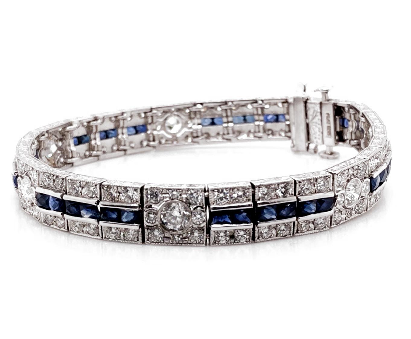 Ceylon French Cut Sapphires 6.14 Carat Diamonds Platinum Bracelet In New Condition For Sale In New York, NY