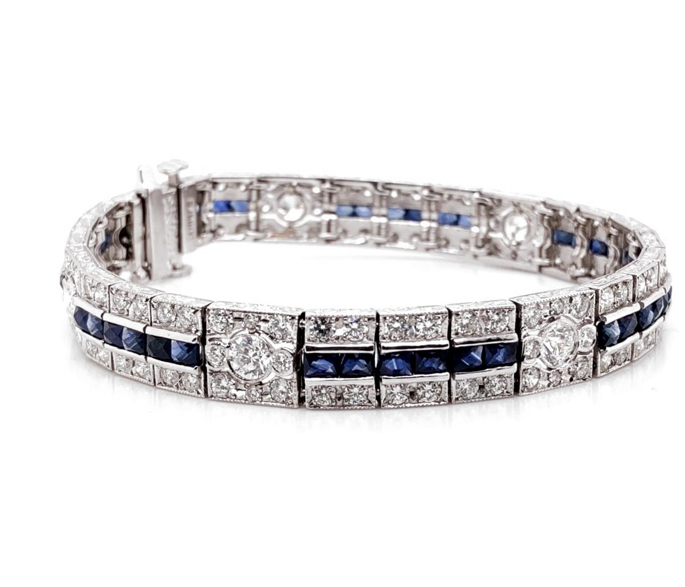 Women's Ceylon French Cut Sapphires 6.14 Carat Diamonds Platinum Bracelet For Sale