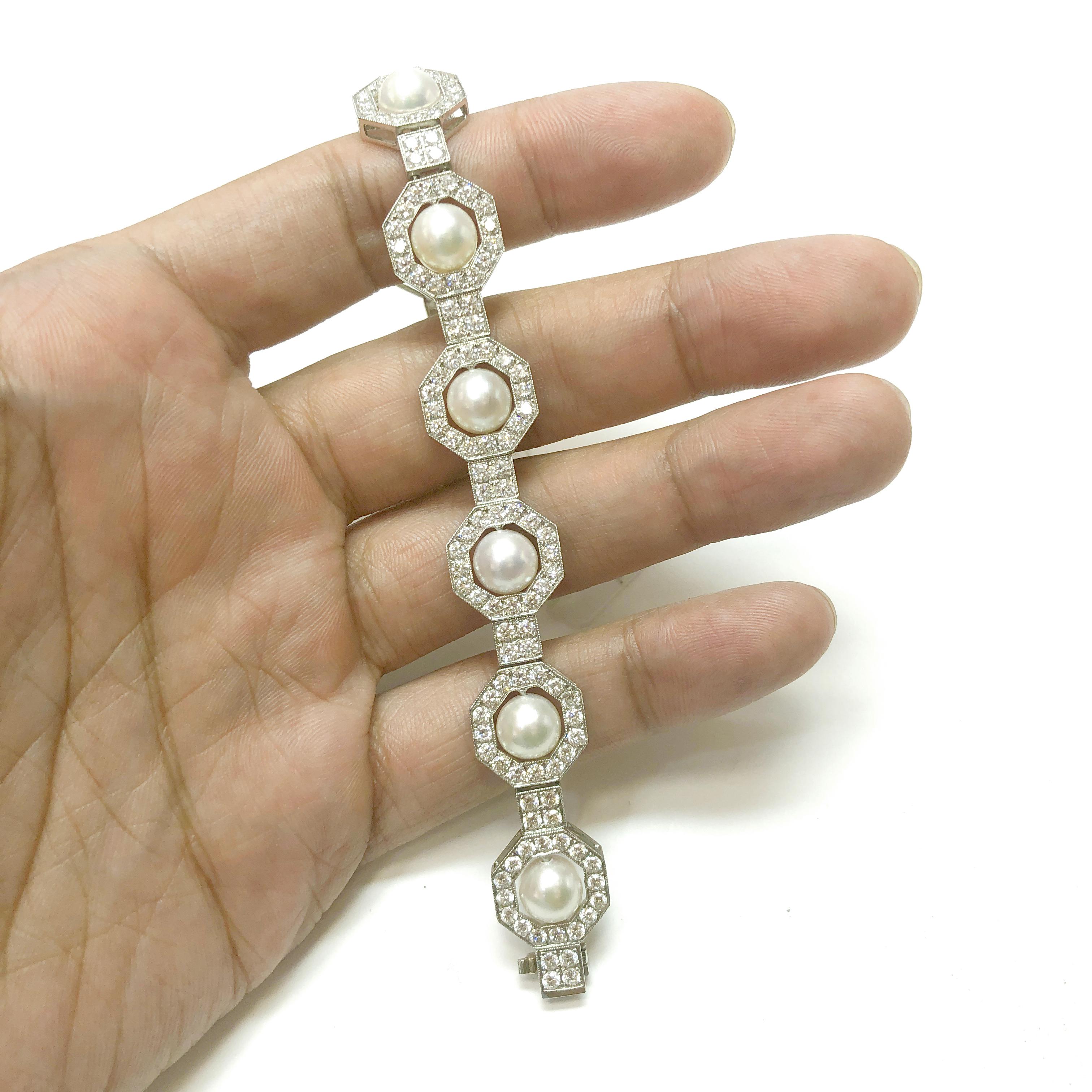 Round Cut Art Deco Inspired Round Pearls Diamonds 6.35 Carat Platinum Bracelet For Sale