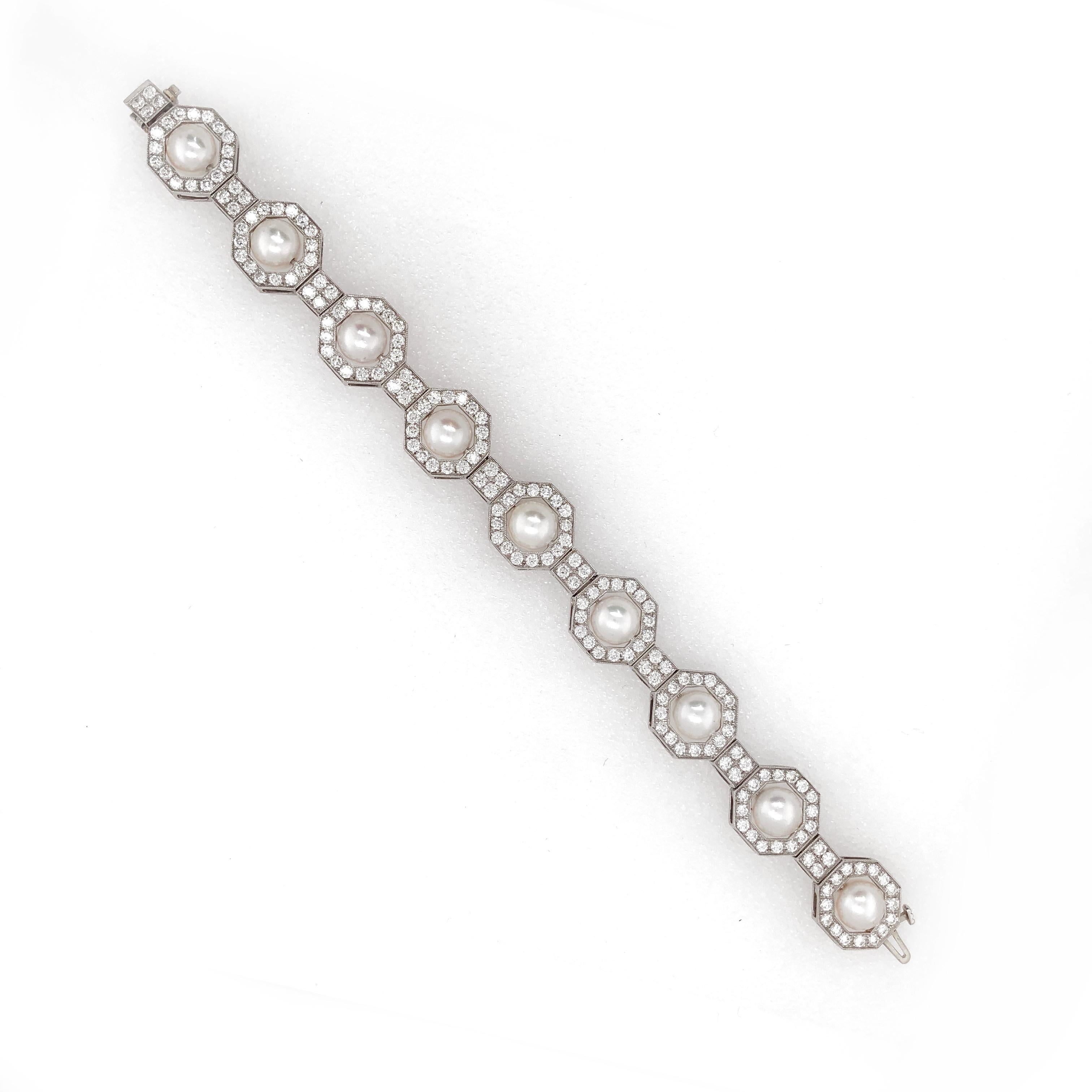 Art Deco Inspired Round Pearls Diamonds 6.35 Carat Platinum Bracelet In New Condition For Sale In New York, NY