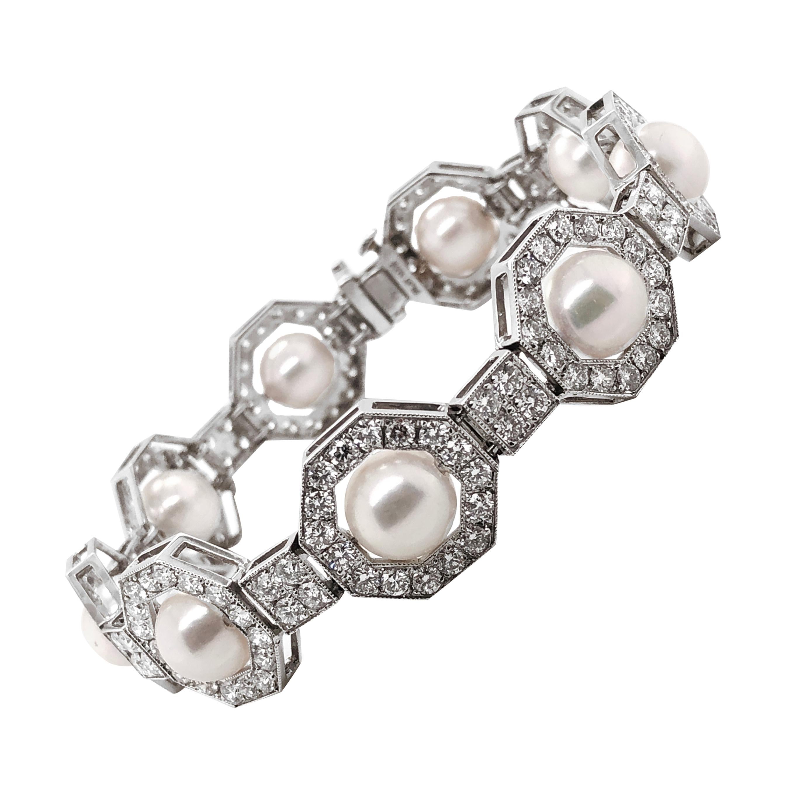 Art Deco Inspired Round Pearls Diamonds 6.35 Carat Platinum Bracelet For Sale