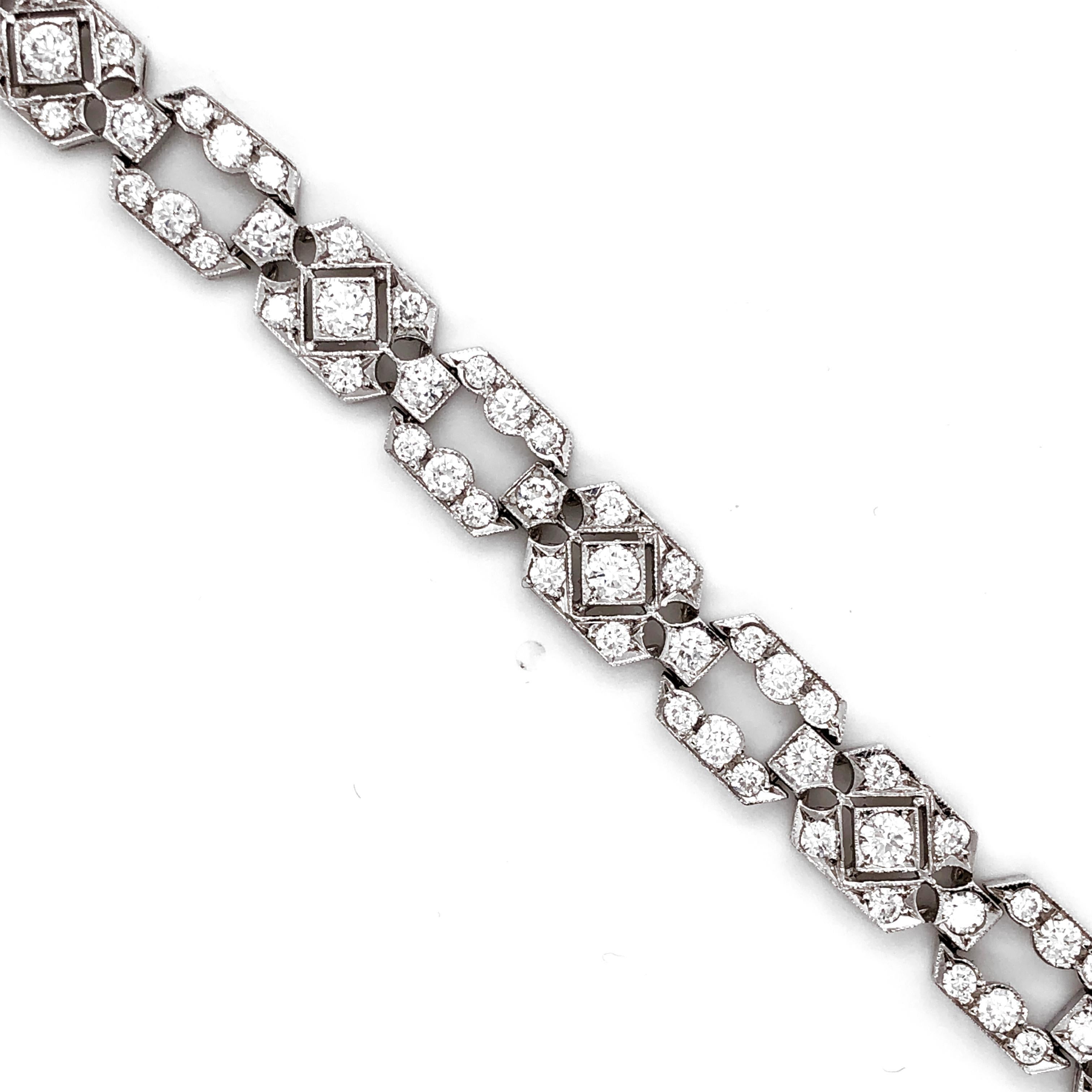 Contemporary Art Deco Inspired Round Diamonds 6.38 Carat Platinum Bracelet For Sale