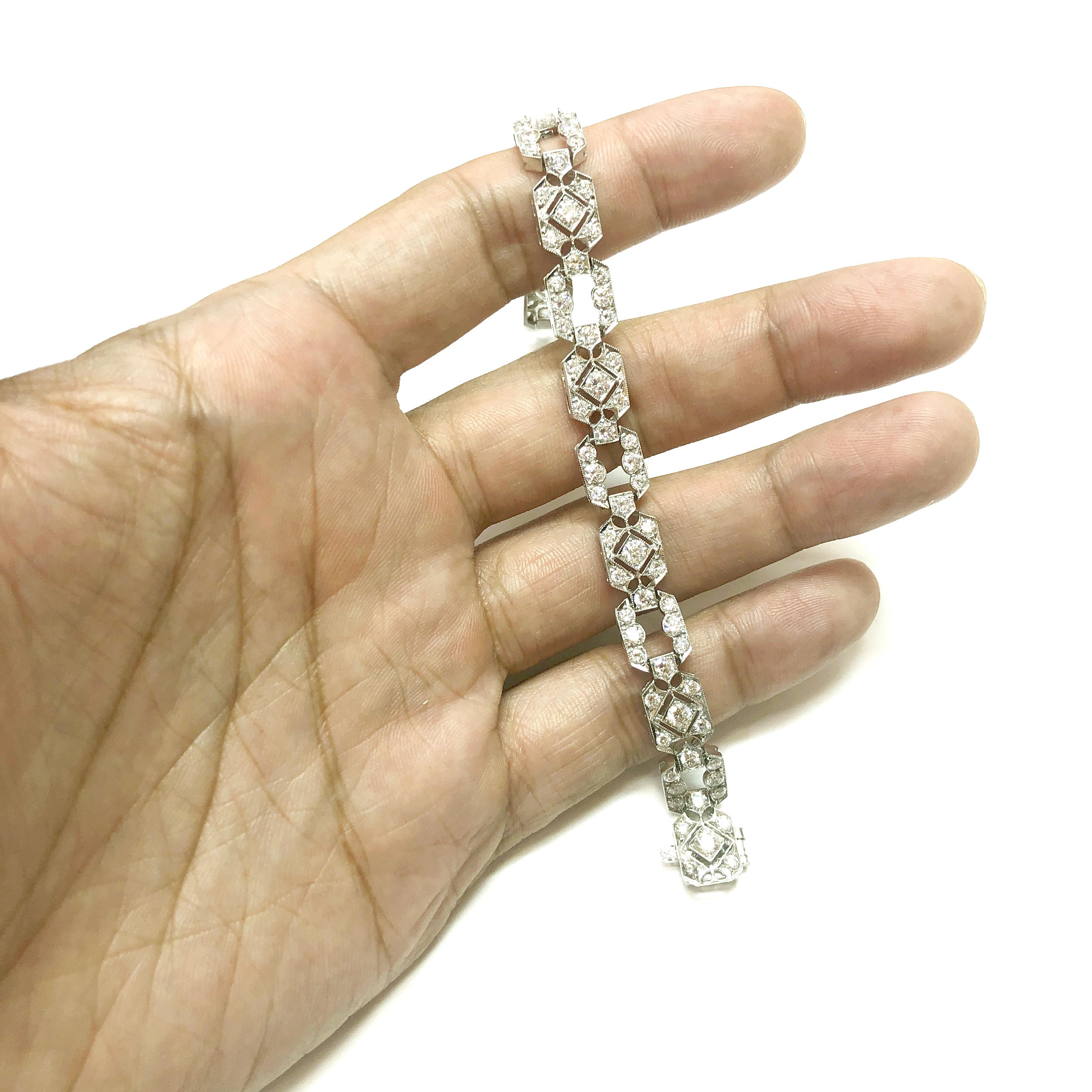 Art Deco Inspired Round Diamonds 6.38 Carat Platinum Bracelet In New Condition For Sale In New York, NY