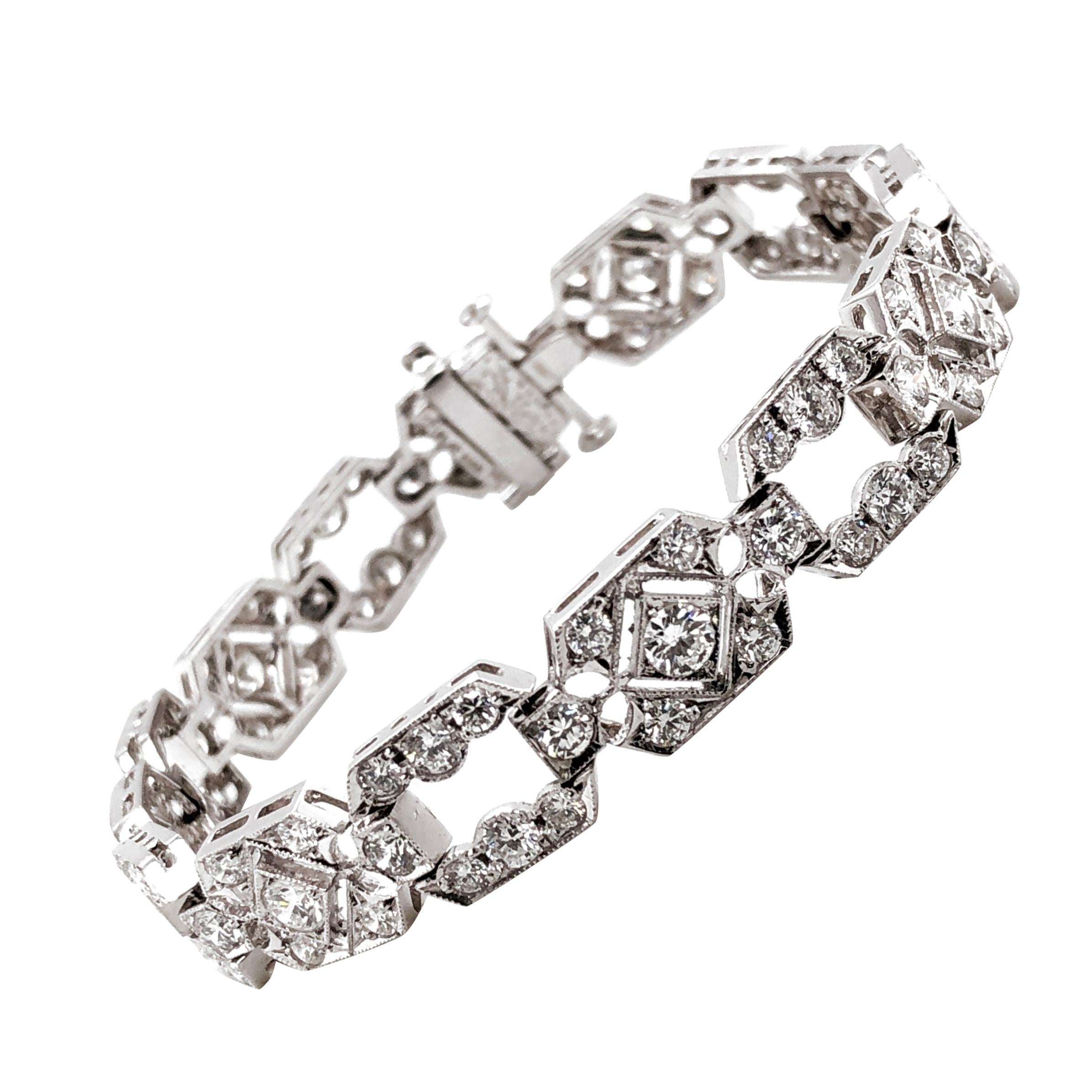 Art Deco Inspired Round Diamonds 6.38 Carat Platinum Bracelet For Sale