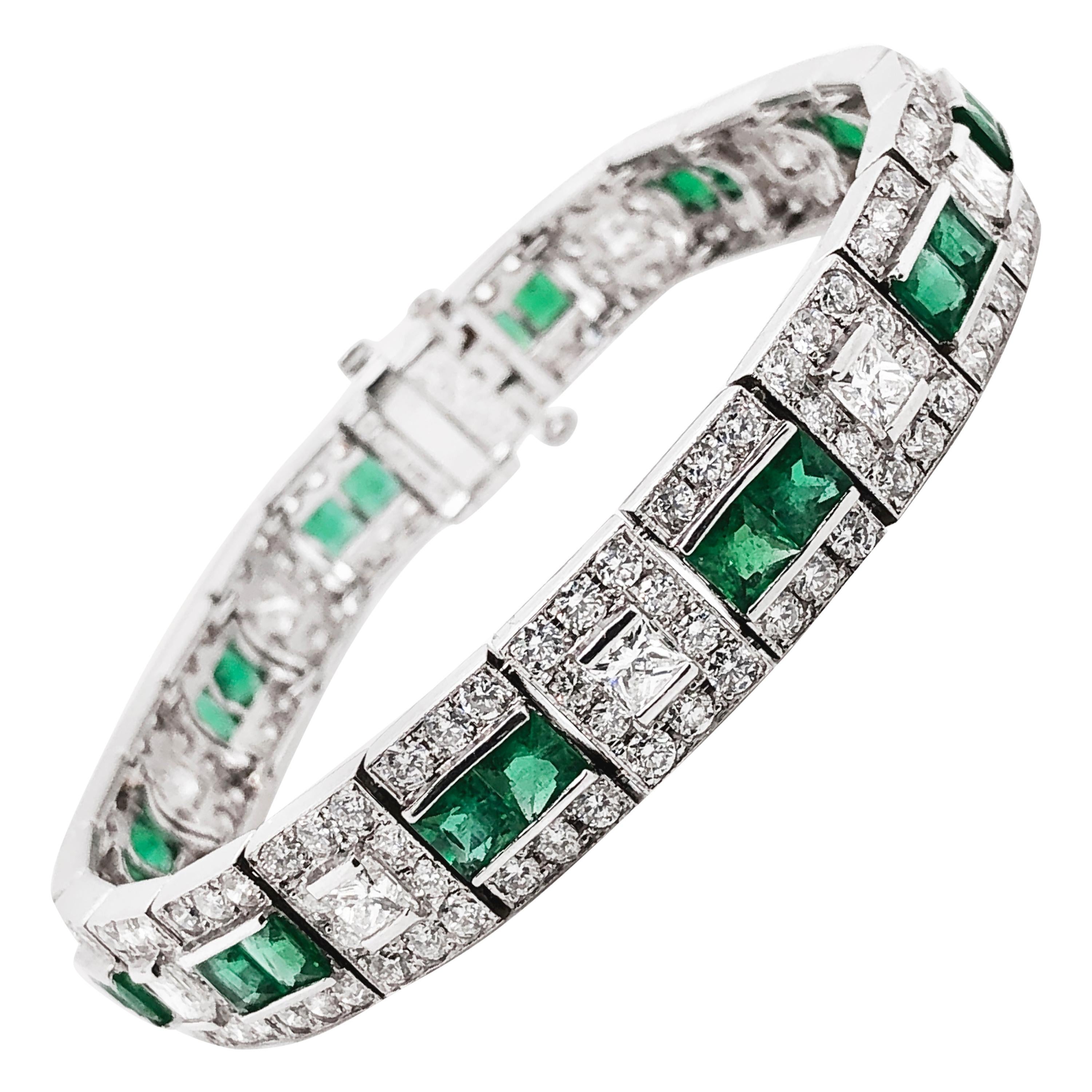 Zambian Princess Cut Emerald 6.28 Carat Diamond Platinum Bracelet For Sale