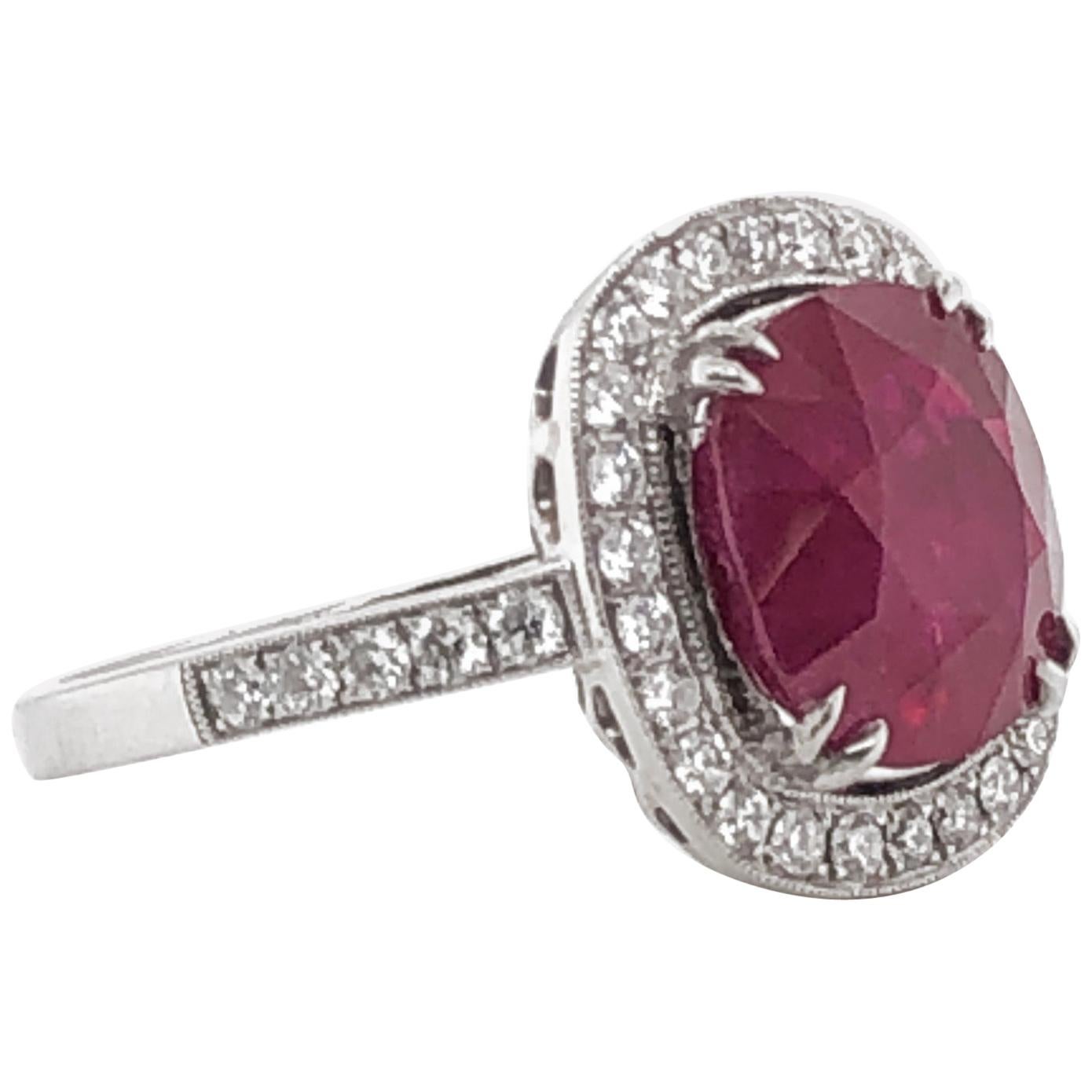 Burmese Cushion Ruby 5.06 Carat with Diamonds Platinum Ring For Sale