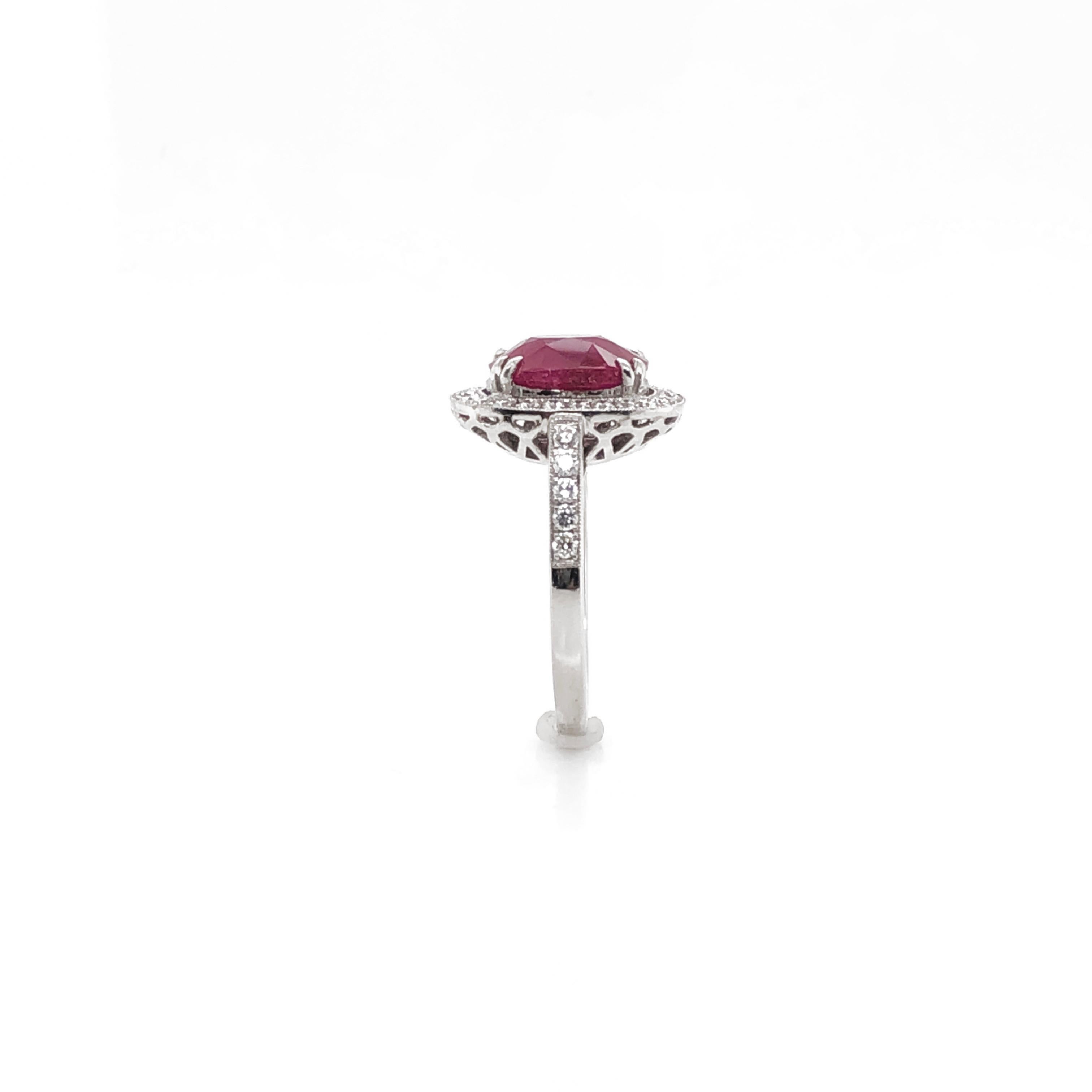 Burmese Cushion Ruby 5.06 Carat with Diamonds Platinum Ring In New Condition For Sale In New York, NY