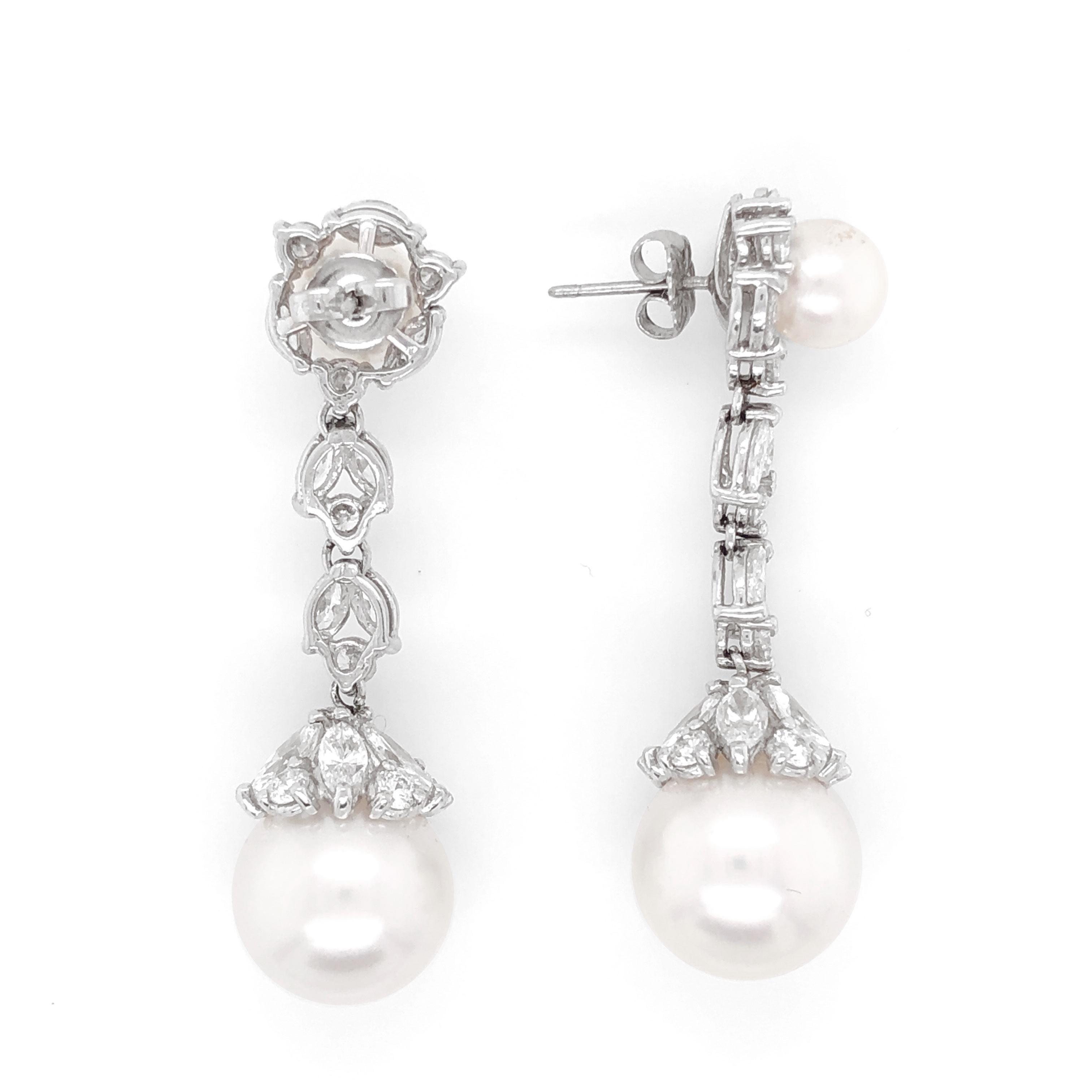 Contemporary Pearl Round Marquise Diamonds 5.09 Carat Platinum Dangle Earrings For Sale