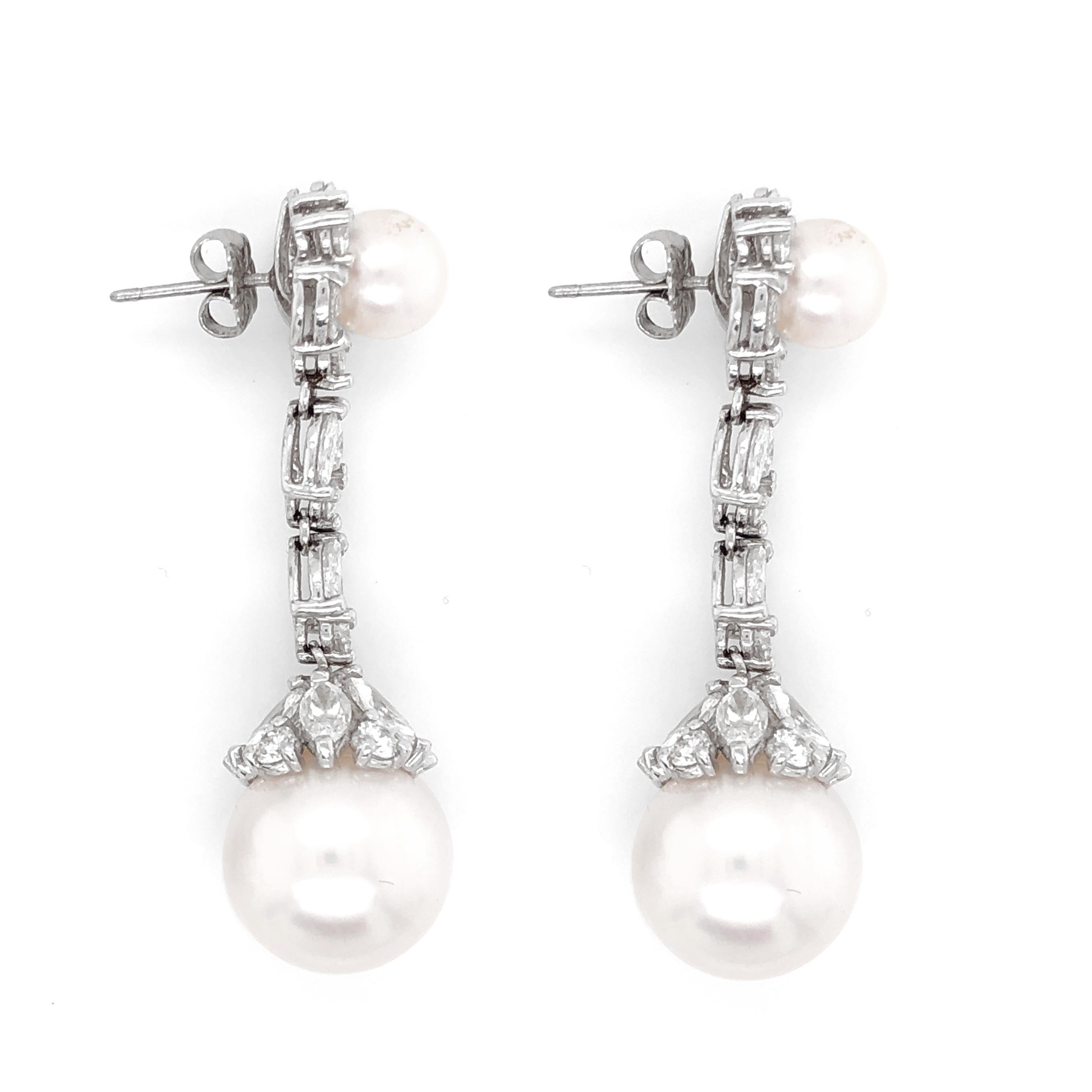 Round Cut Pearl Round Marquise Diamonds 5.09 Carat Platinum Dangle Earrings For Sale