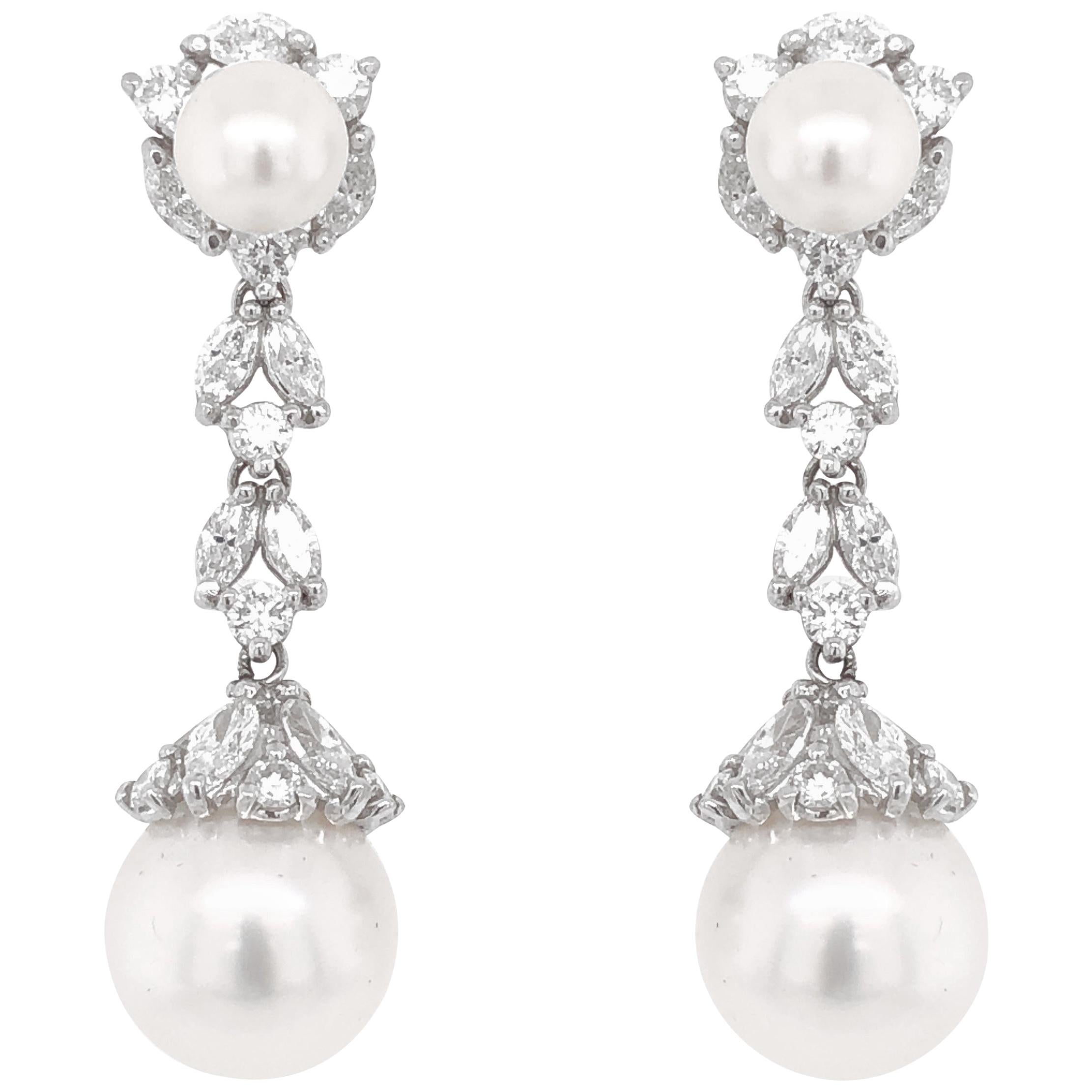 Pearl Round Marquise Diamonds 5.09 Carat Platinum Dangle Earrings For Sale