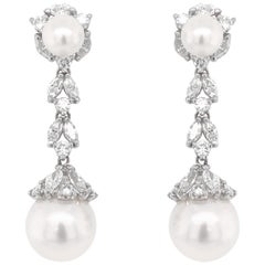 Pearl Round Marquise Diamonds 5.09 Carat Platinum Dangle Earrings