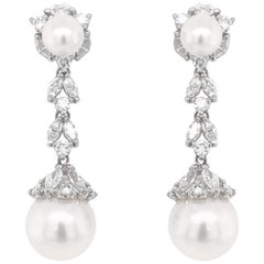 Pearl Round Marquise Diamonds 5.09 Carat Platinum Dangle Earrings