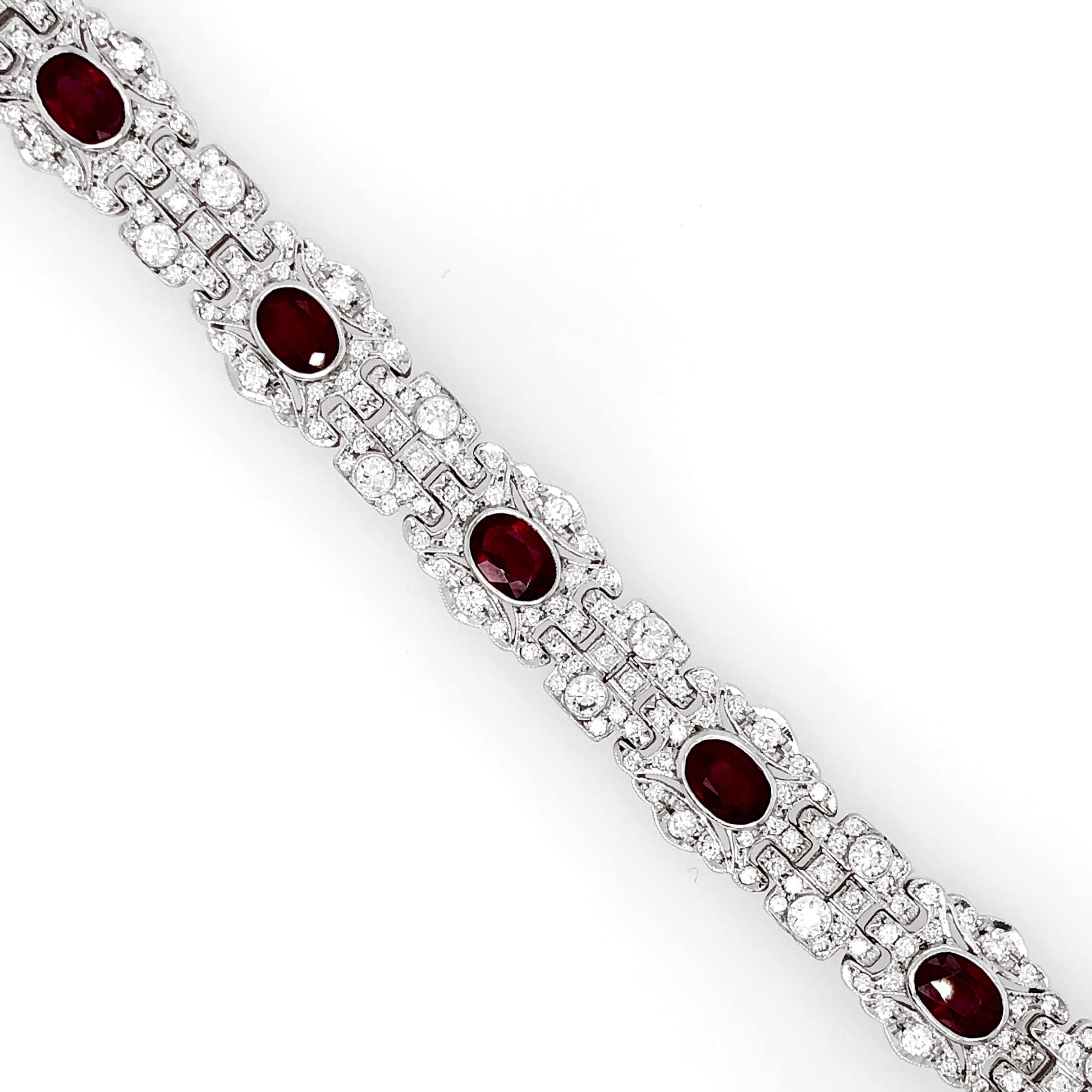 Contemporary Oval Burmese Ruby Carat Diamond Platinum Bracelet For Sale