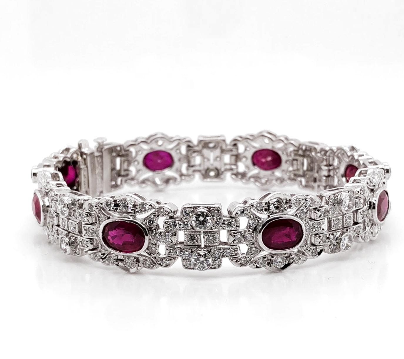 Round Cut Oval Burmese Ruby Carat Diamond Platinum Bracelet For Sale