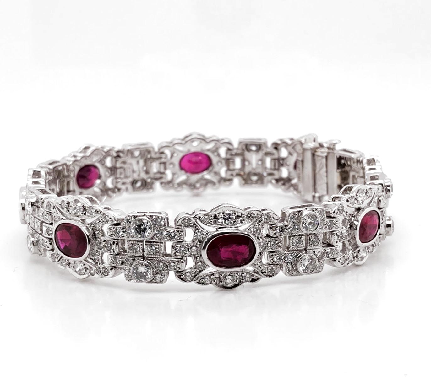 Oval Burmese Ruby Carat Diamond Platinum Bracelet In New Condition For Sale In New York, NY