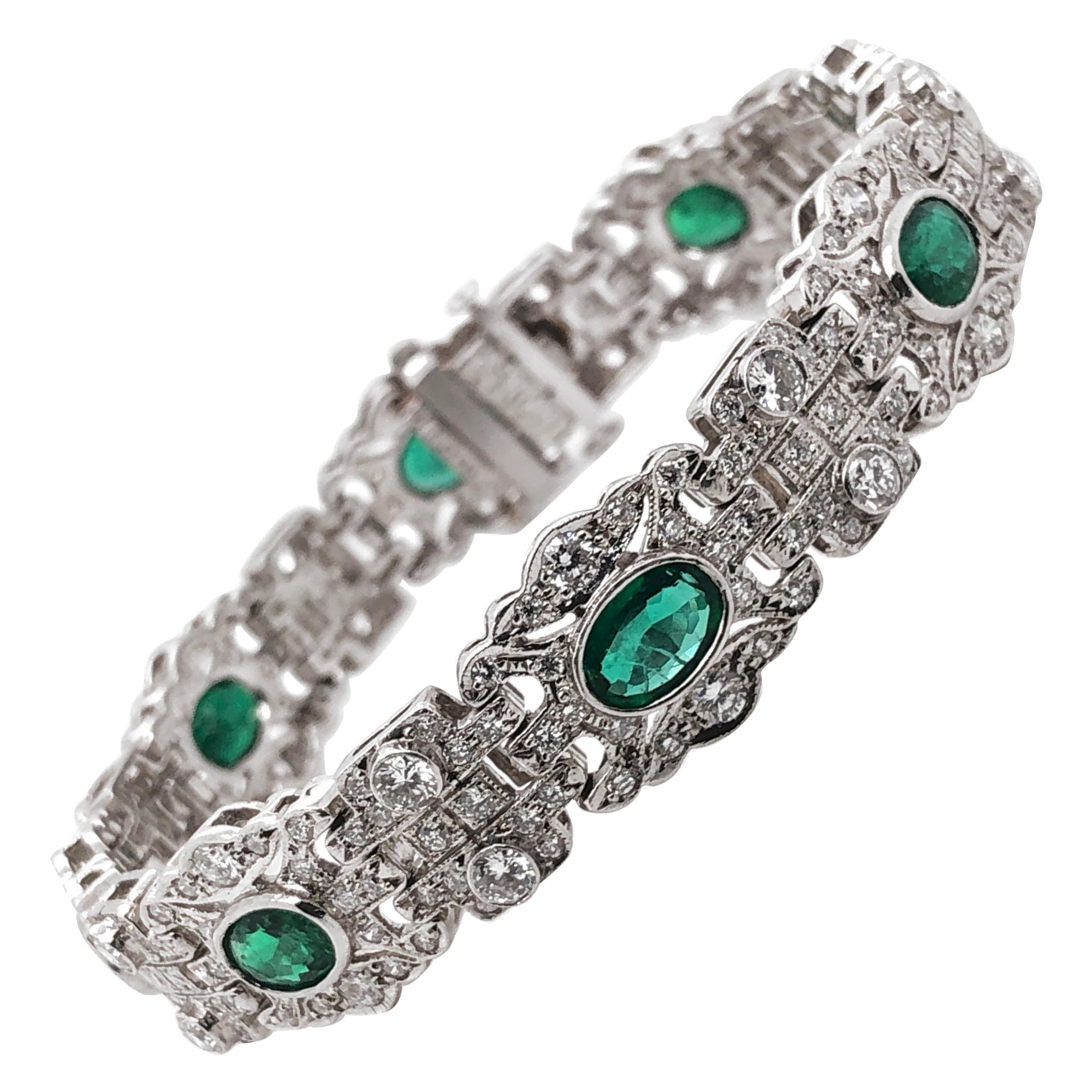 Zambian Emeralds 5.68 Carat Diamond Platinum Bracelet For Sale