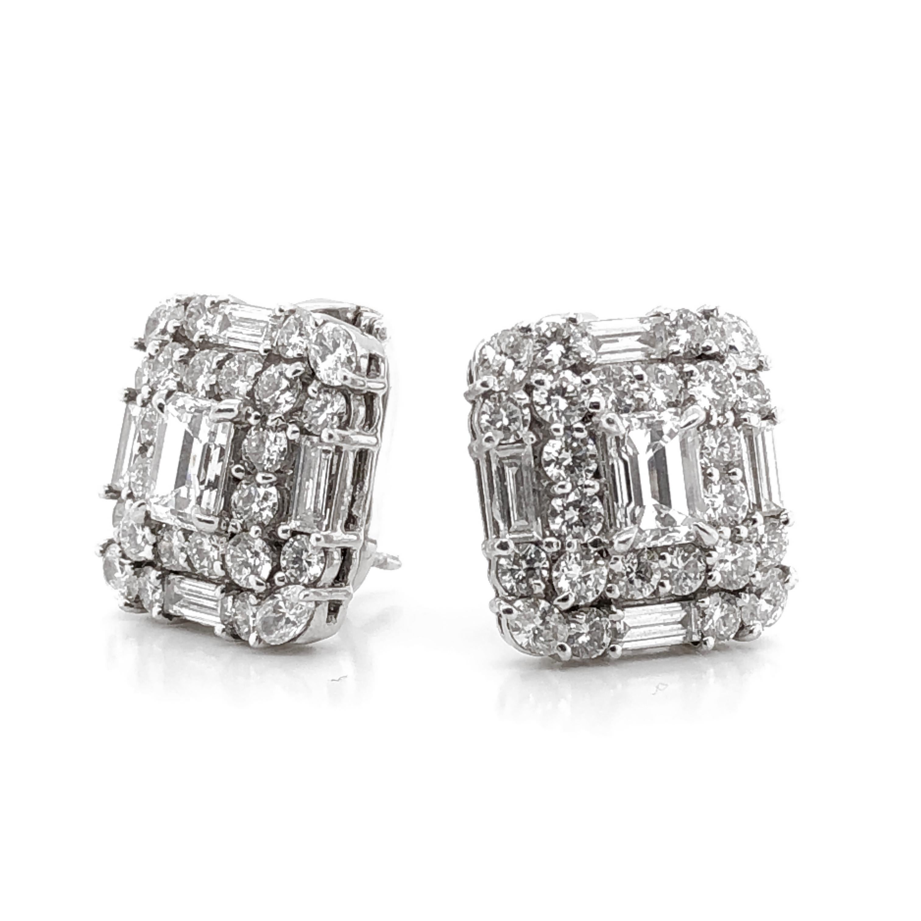 Gorgeous flower inspired contemporary earrings in platinum 950.
Earrings adorned with white natural diamonds.
Center diamonds are GIA certified square emerald cut 1.87 ct.
Accent of pear cut diamonds 4.96 ct. 
All diamonds are in G-H Color Clarity