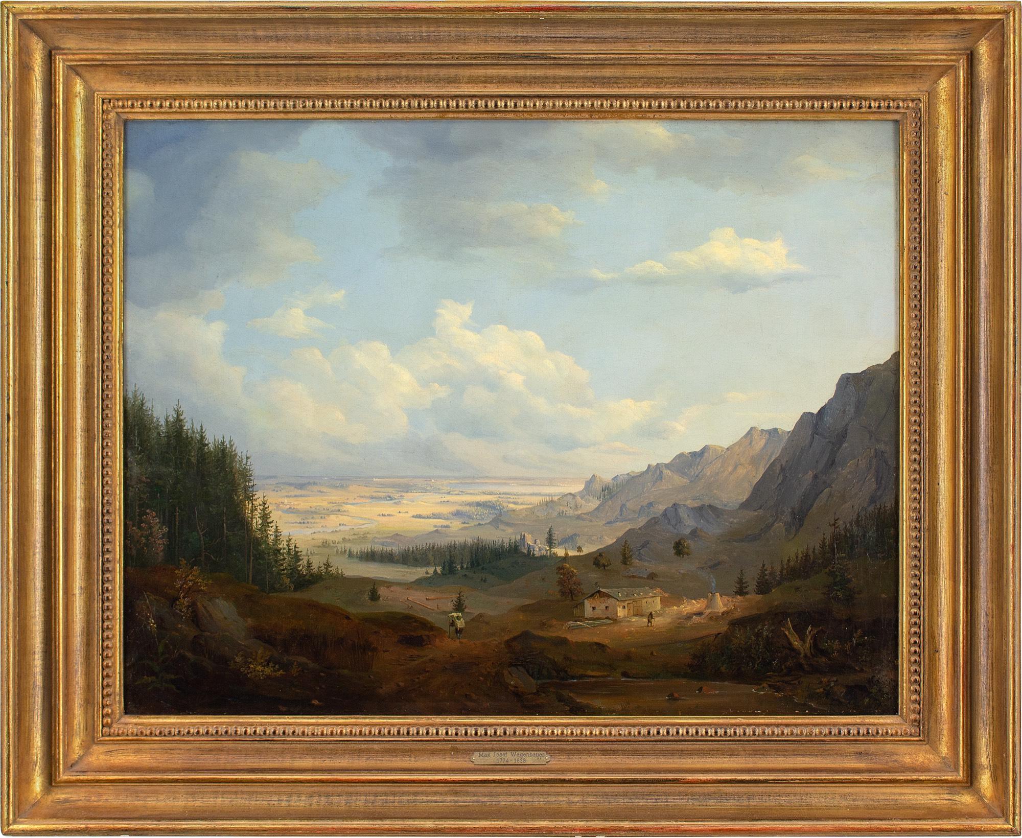 This enchanting 19th-century German oil painting depicts an epic vista at the foothills of the Alps.

Under a vast rolling sky, the majestic scenery extends for miles before vanishing into a distant haze. On the left, a wall of fir trees snake