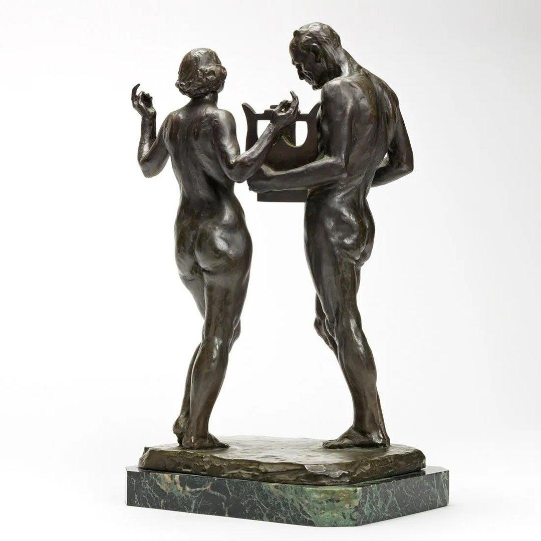 Harmony, 20th century bronze & green marble base, nude man and woman with lyre  - Sculpture by Max Kalish