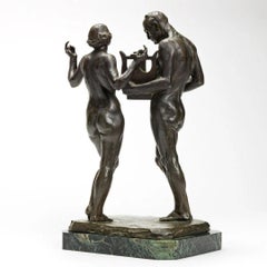 Harmony, 20th century bronze & green marble base, nude man and woman with lyre