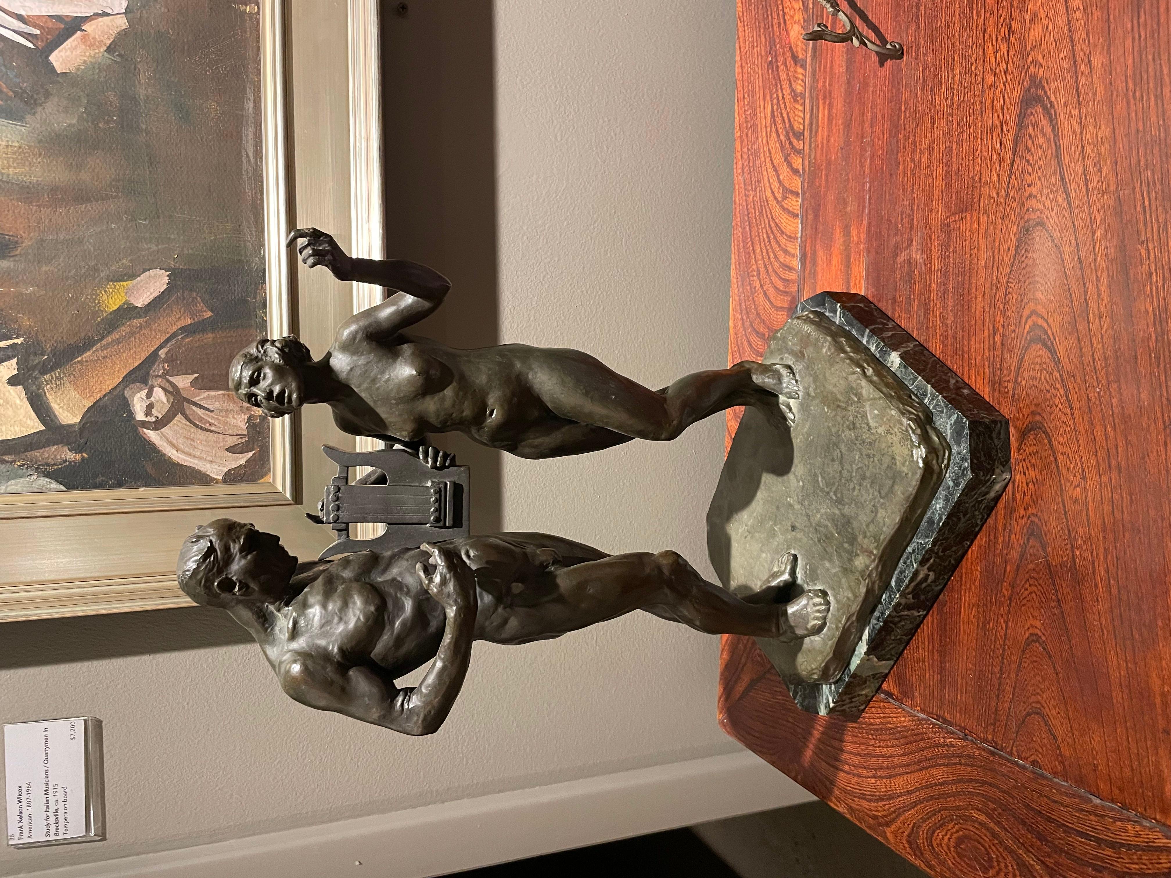 Harmony, 20e siècle, base en bronze et marbre vert, homme et femme nus avec lyre - Or Figurative Sculpture par Max Kalish