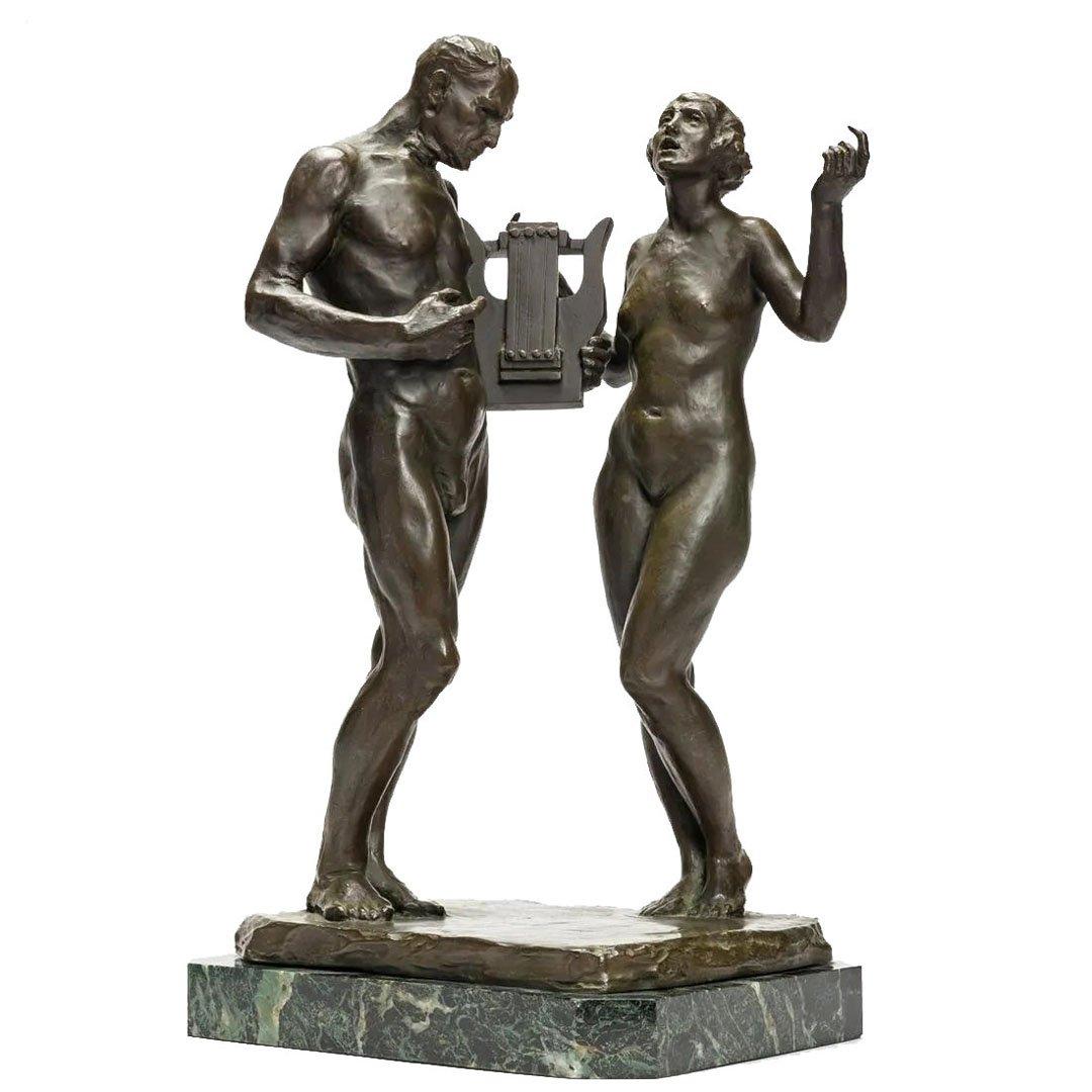 Harmony, 20th century bronze & green marble base, nude man and woman with lyre 