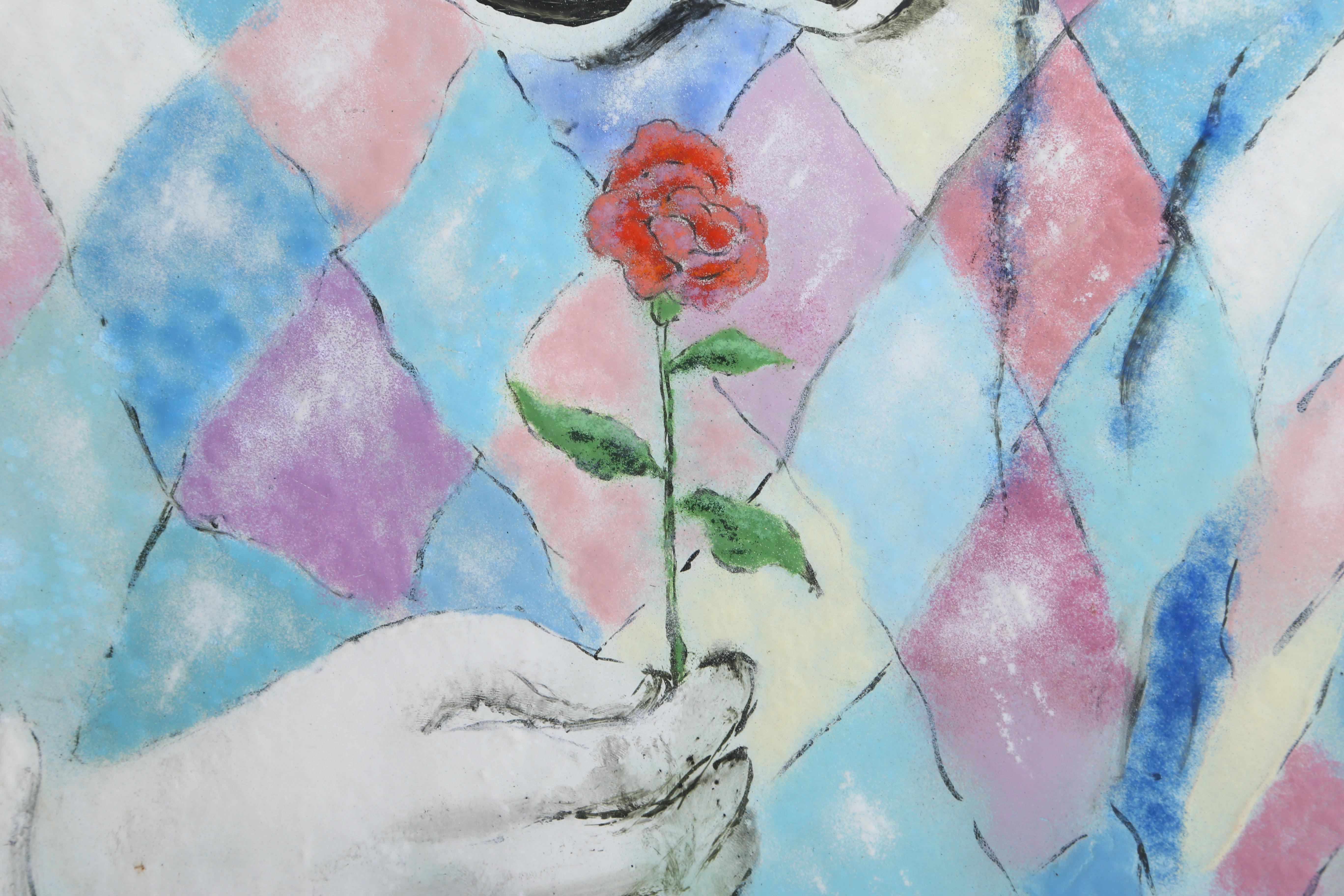 Clown mit Blume, Emaille-Gemälde auf Kupfer von Max Karp im Angebot 2