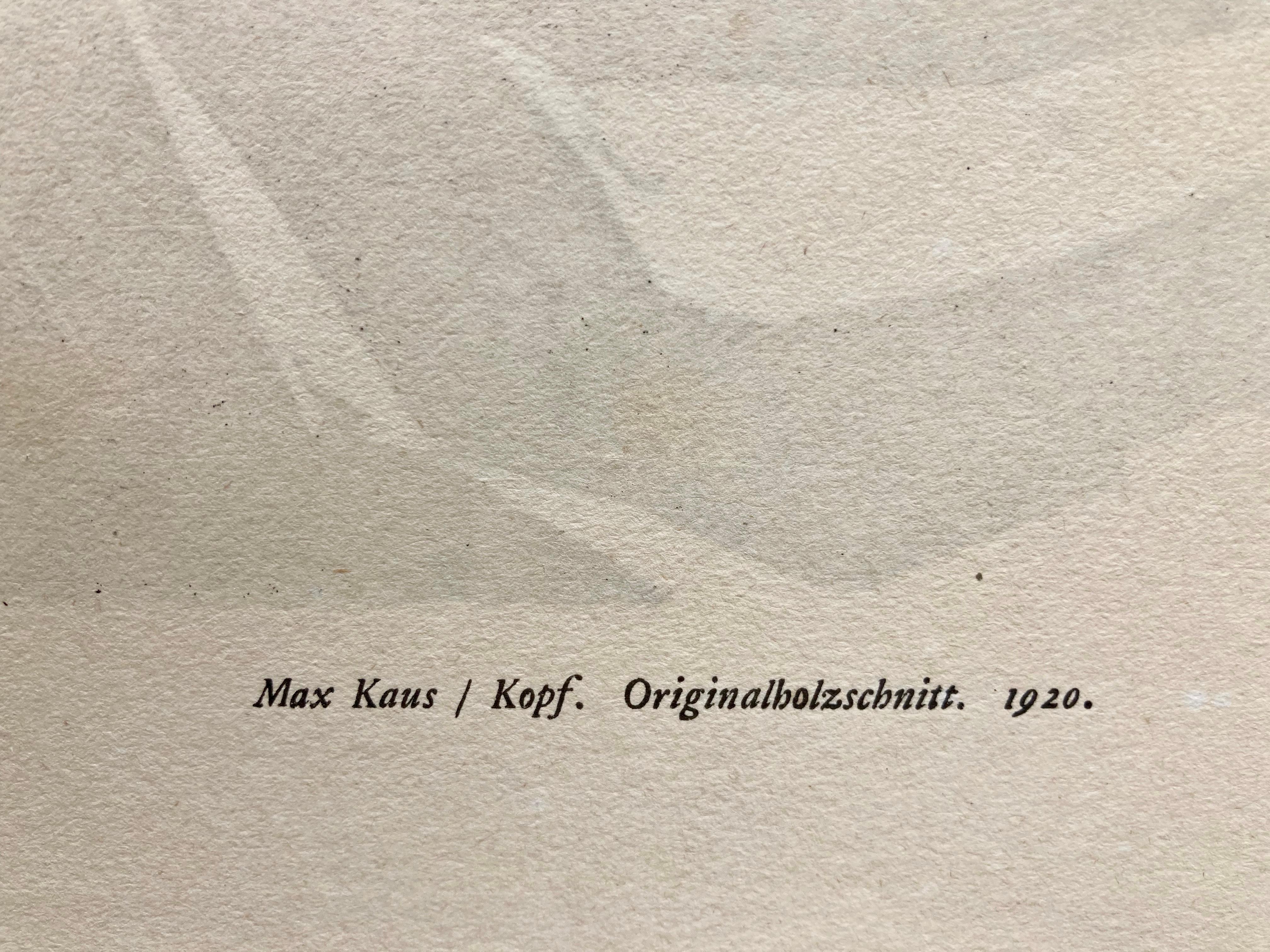 MAX KAUS (German 1891-1977)

KOPF (Head( (Rifkind 1387)
Woodcut, unsigned, monogram in block. As issued as plate 1 from “Genius” Zeitschrift für werdende und alte Kunst, vol. 2, no. 2, Kurt Wolff Verlag Munich. Image, 11 3/8 x 8 inches, sheet 13 5/8